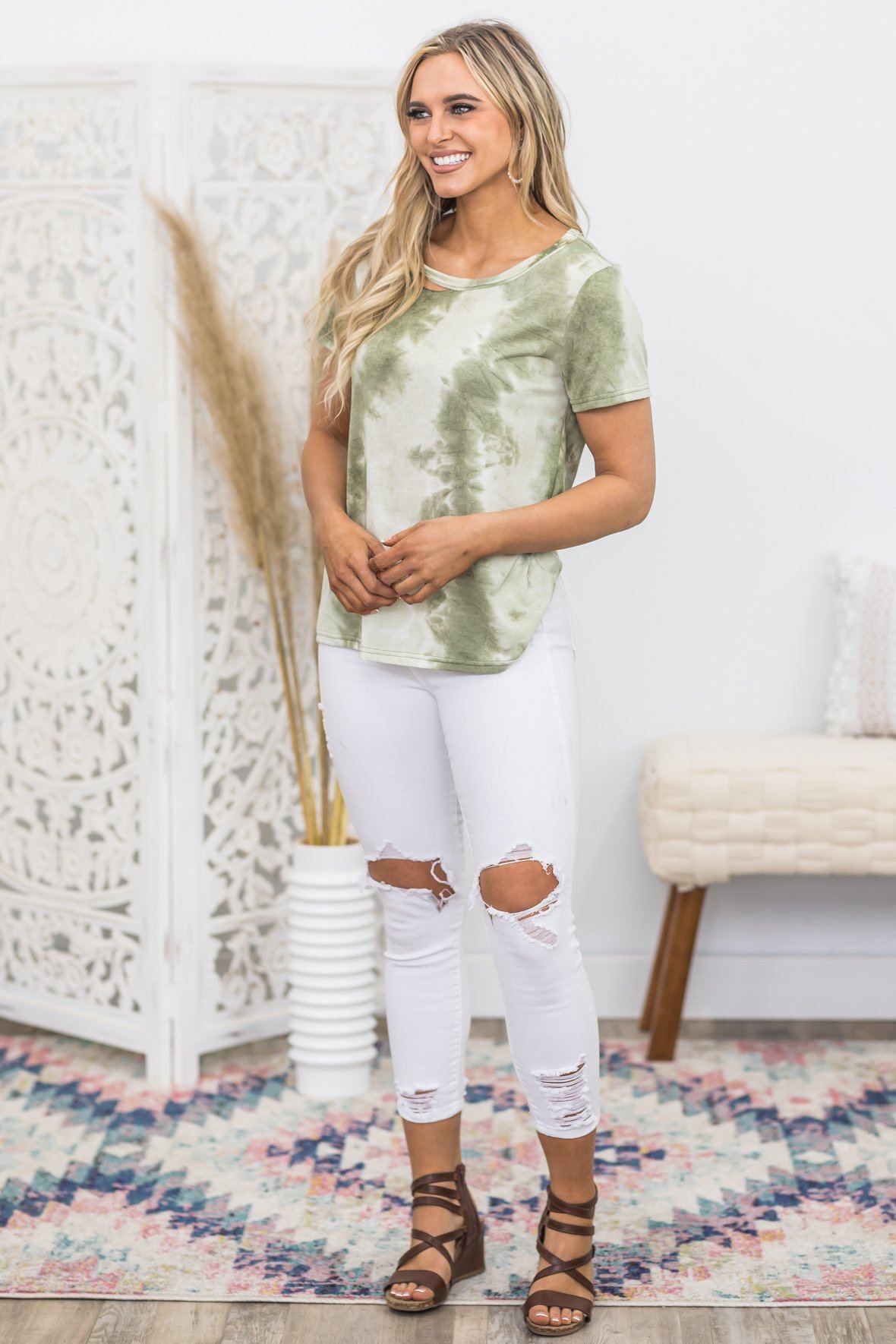 Lightning Crashes Tie Dye Top in Olive - Filly Flair