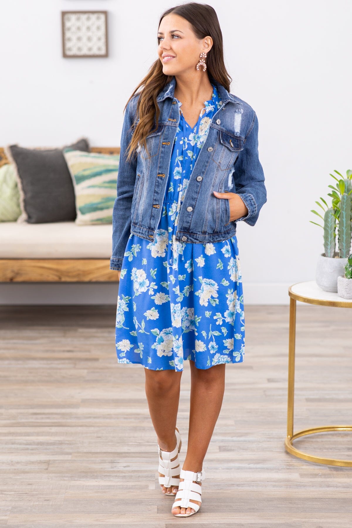 Royal Blue Floral Print Ruffle Trim Dress - Filly Flair