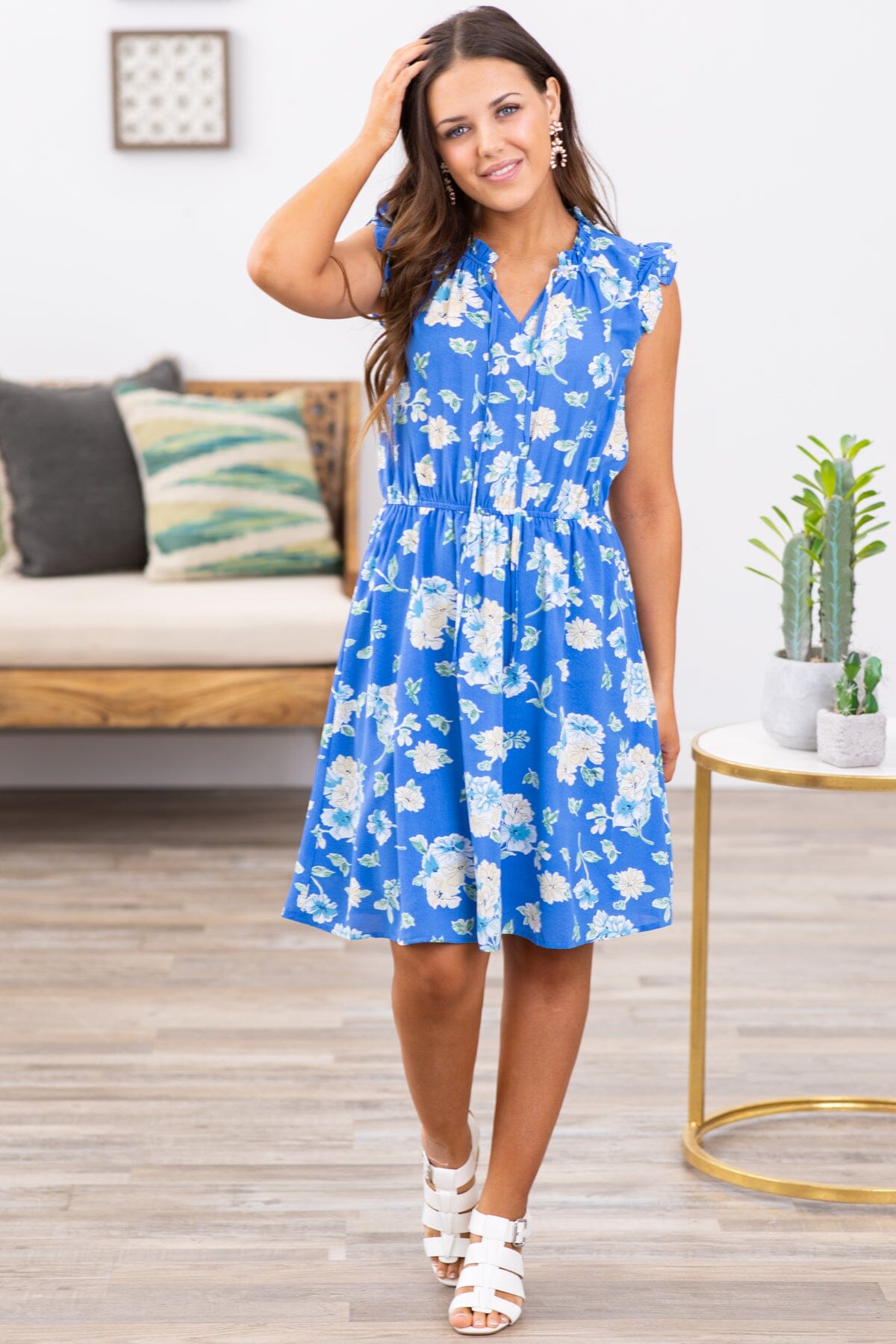 Royal Blue Floral Print Ruffle Trim Dress - Filly Flair