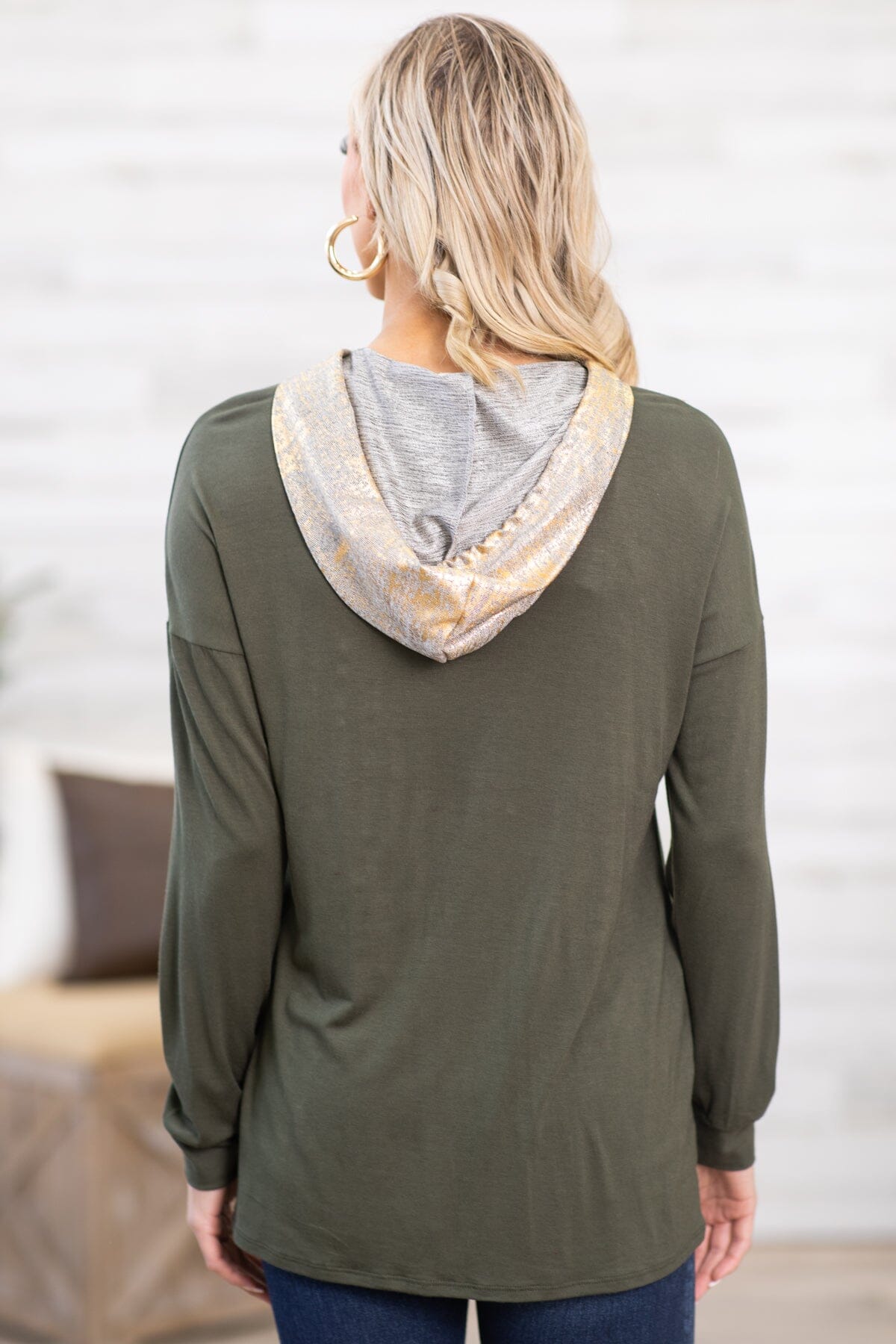 Olive and Gold Metallic Colorblock Hooded Top - Filly Flair