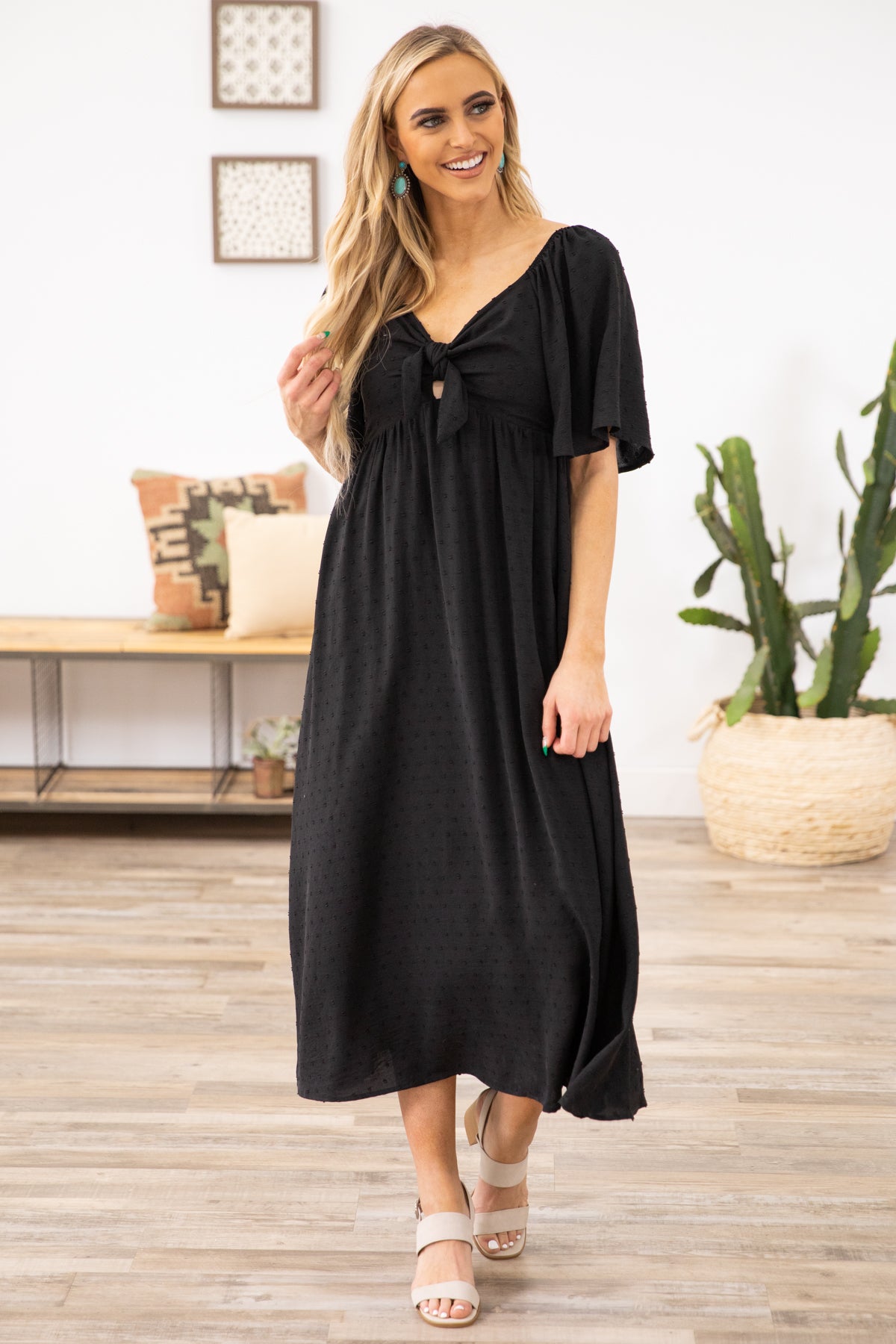 Black Flutter Sleeve Dress with Tie Detail - Filly Flair