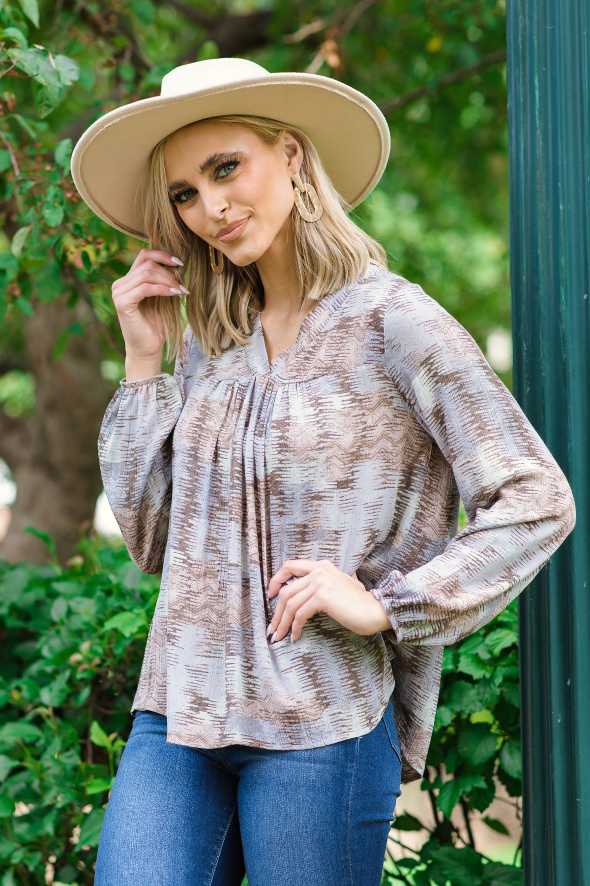 Mauve and Periwinkle Abstract Print V-Neck Top - Filly Flair