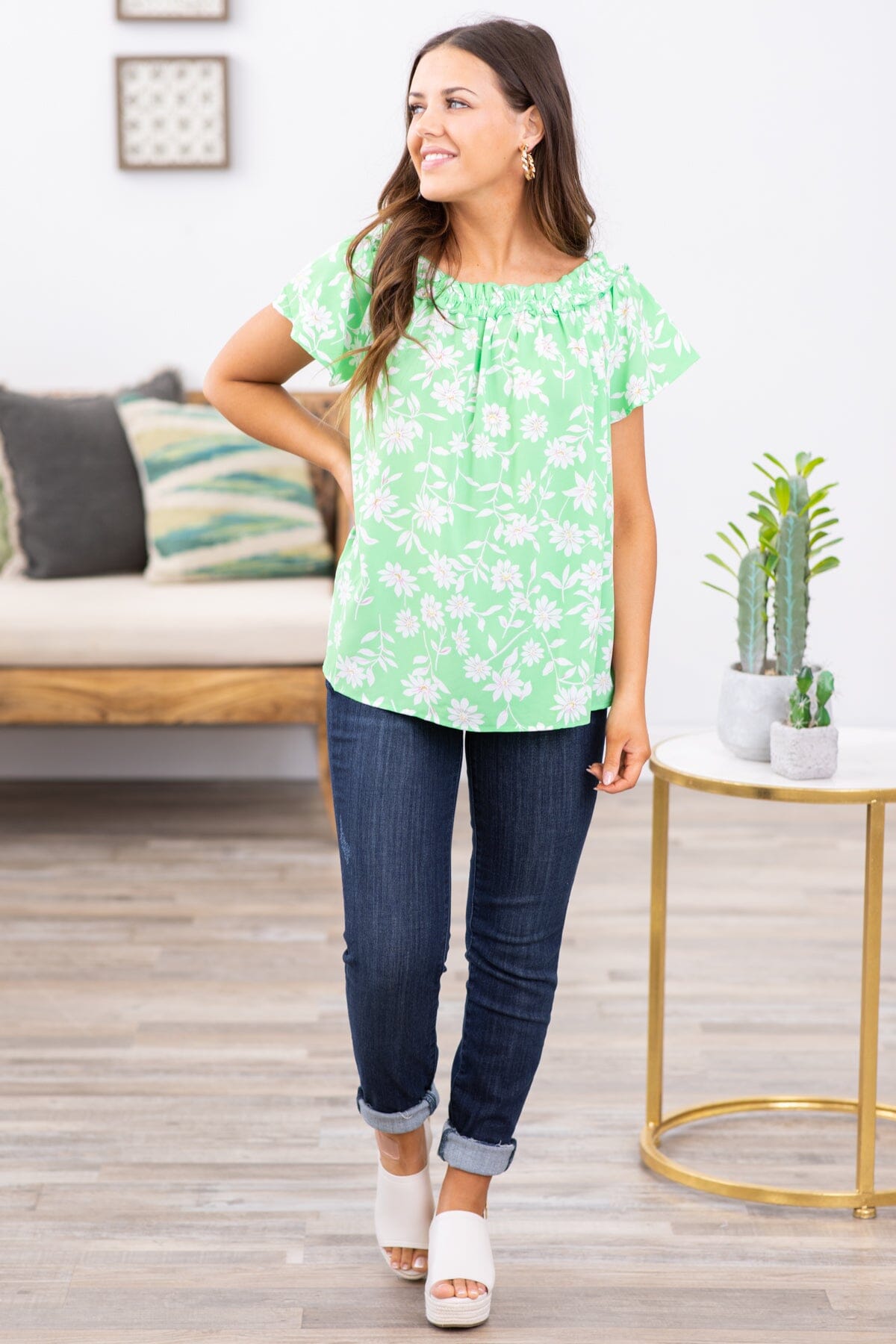 Lime Green Floral Smocked Trim Top - Filly Flair
