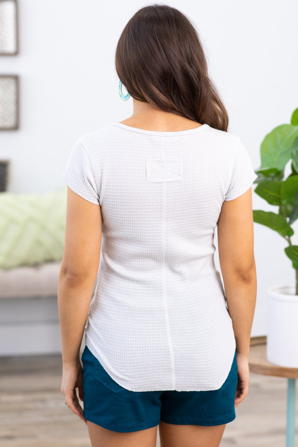 Light Grey Waffle Knit Henley Short Sleeve Top - Filly Flair