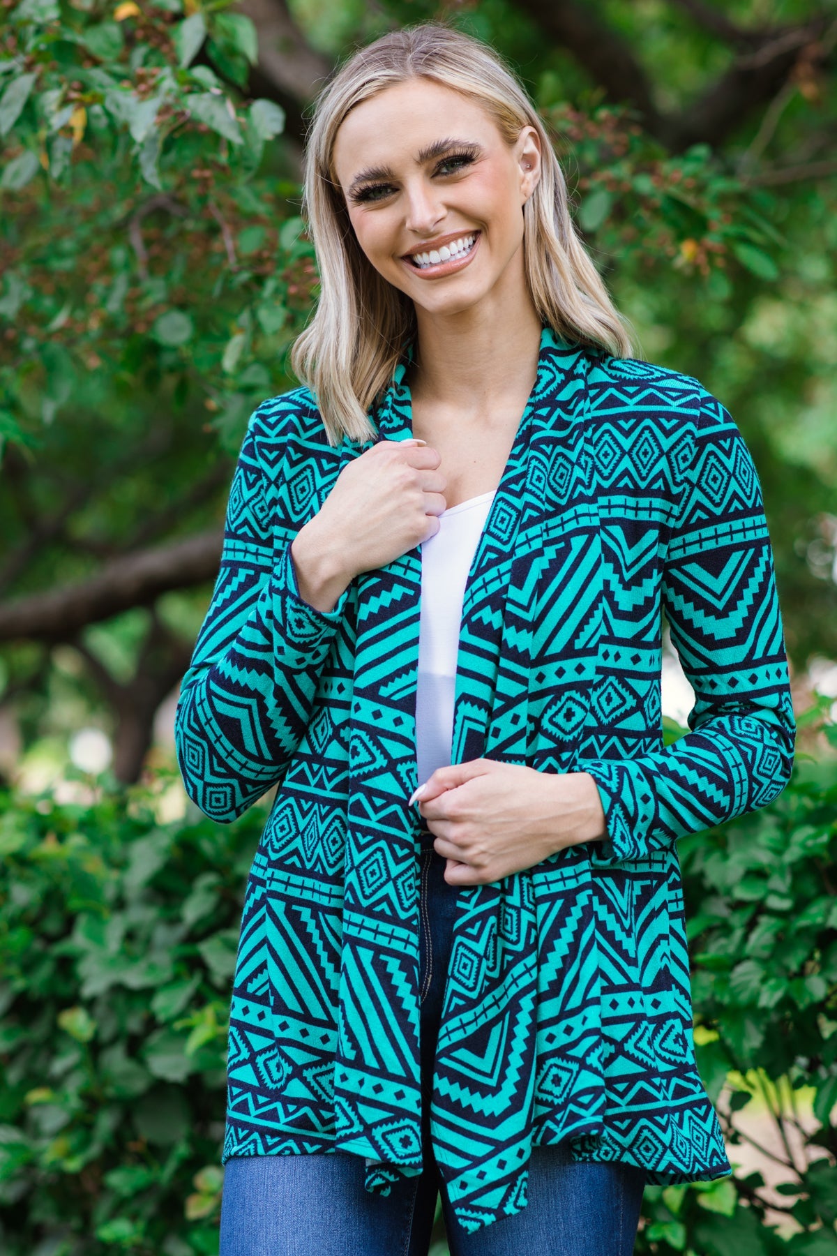 Turquoise and Navy Aztec Print Cardigan - Filly Flair