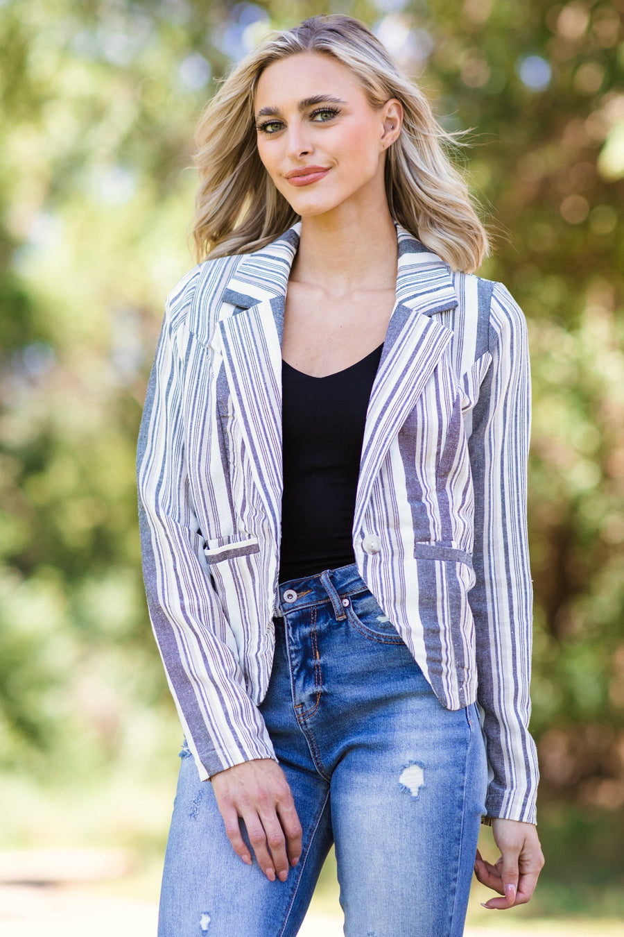 Charcoal and White Stripe Blazer - Filly Flair
