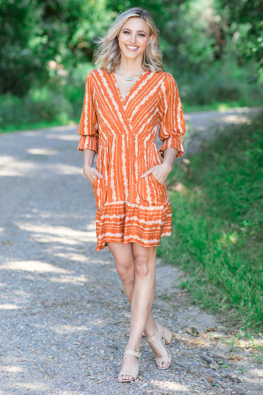 Orange Floral Print Surplice Front Dress - Filly Flair