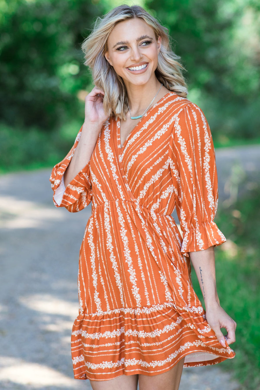 Orange Floral Print Surplice Front Dress - Filly Flair