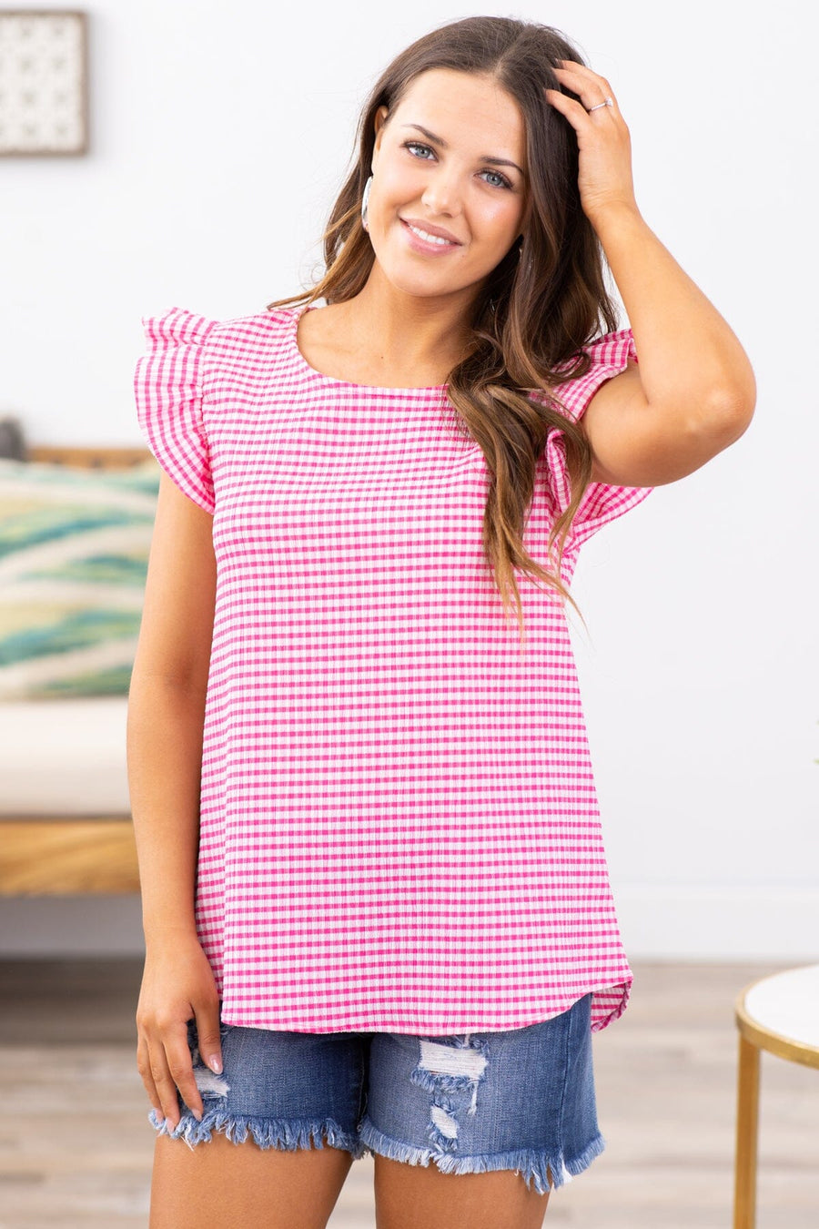 Pink and White Flutter Sleeve Gingham Top - Filly Flair