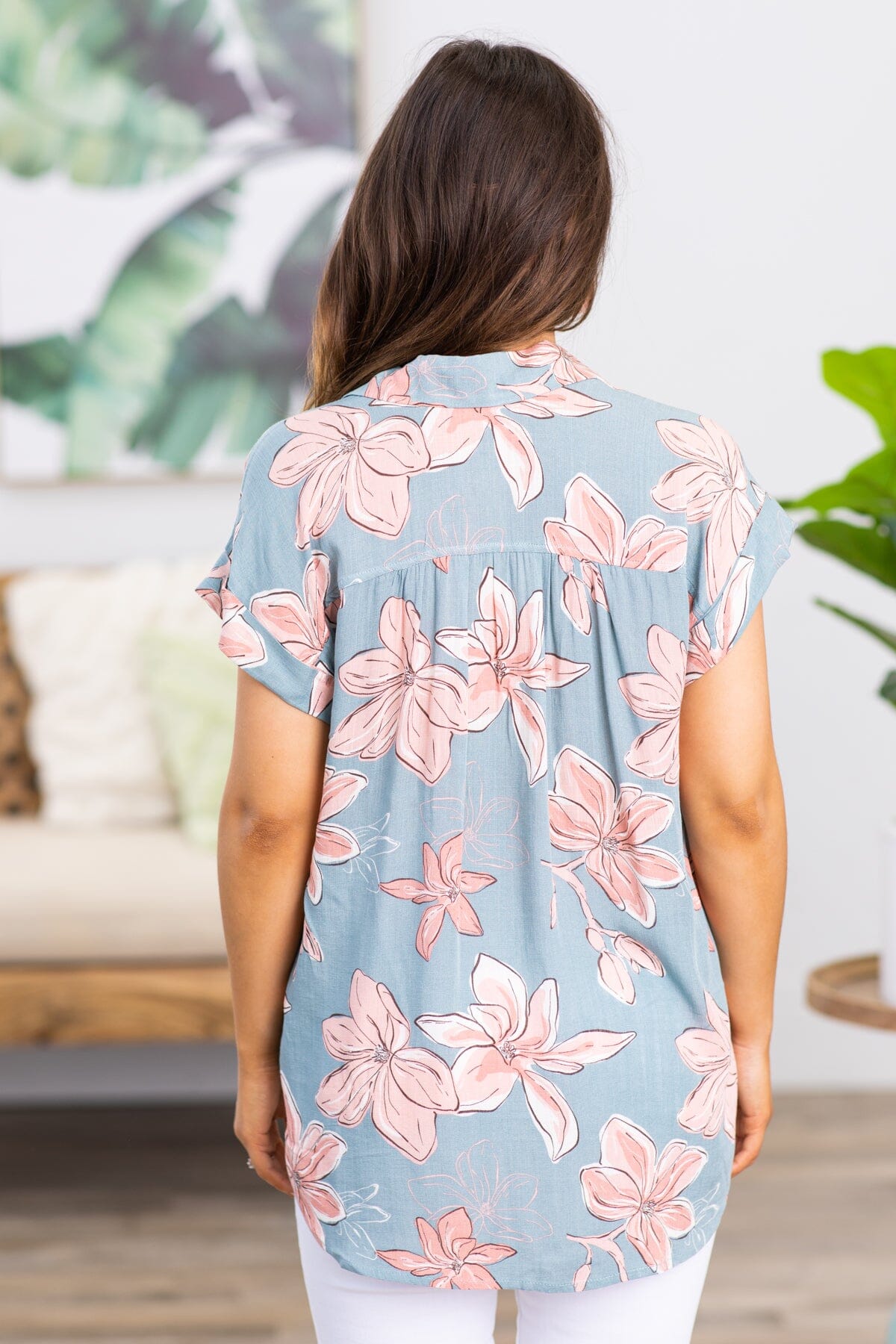 Light Teal and Peach Floral Button Up Top - Filly Flair