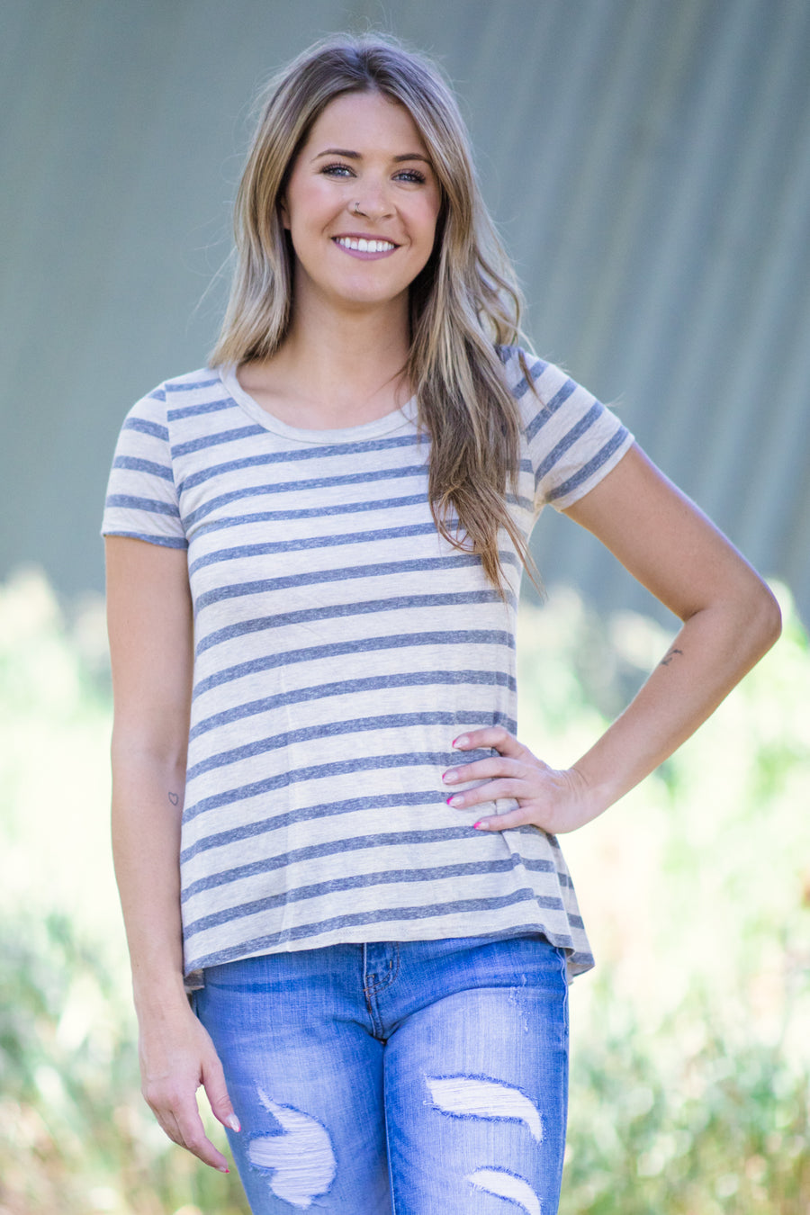 Beige and Grey Stripe Short Sleeve Top - Filly Flair