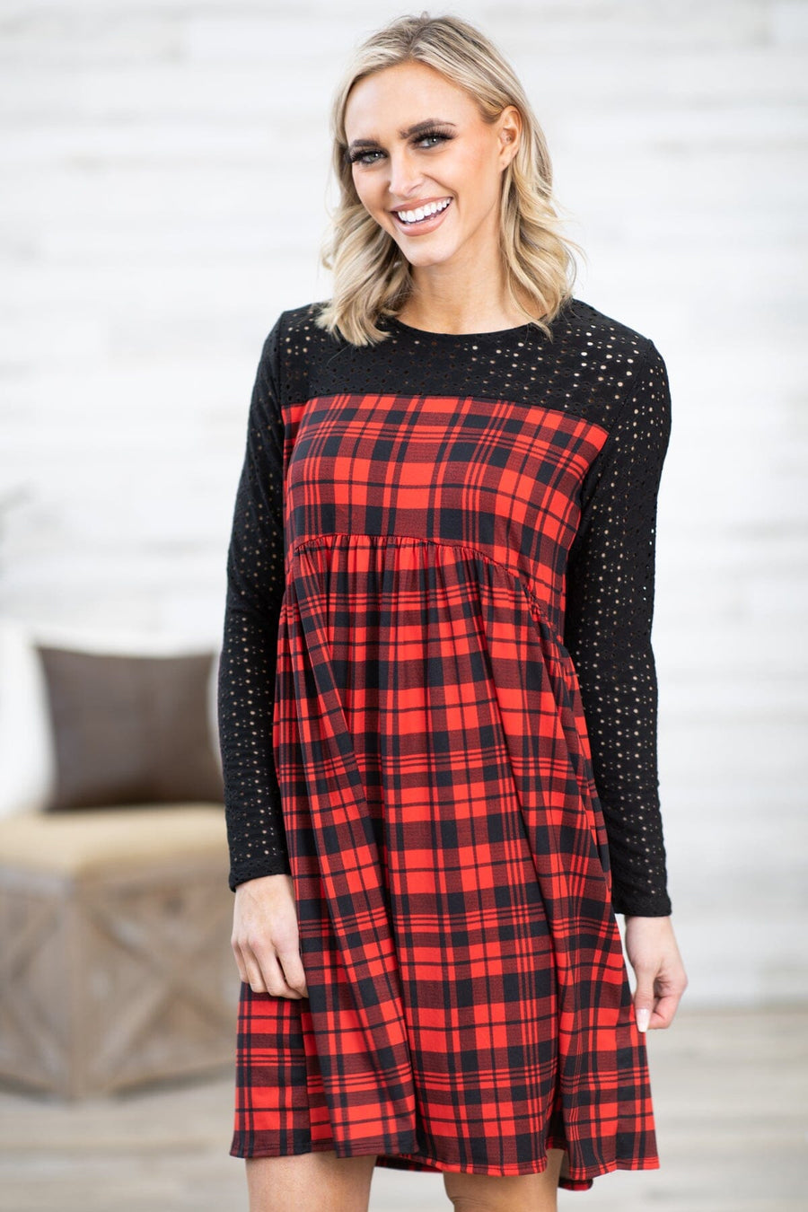 Red and Black Plaid Lace Sleeve Dress - Filly Flair