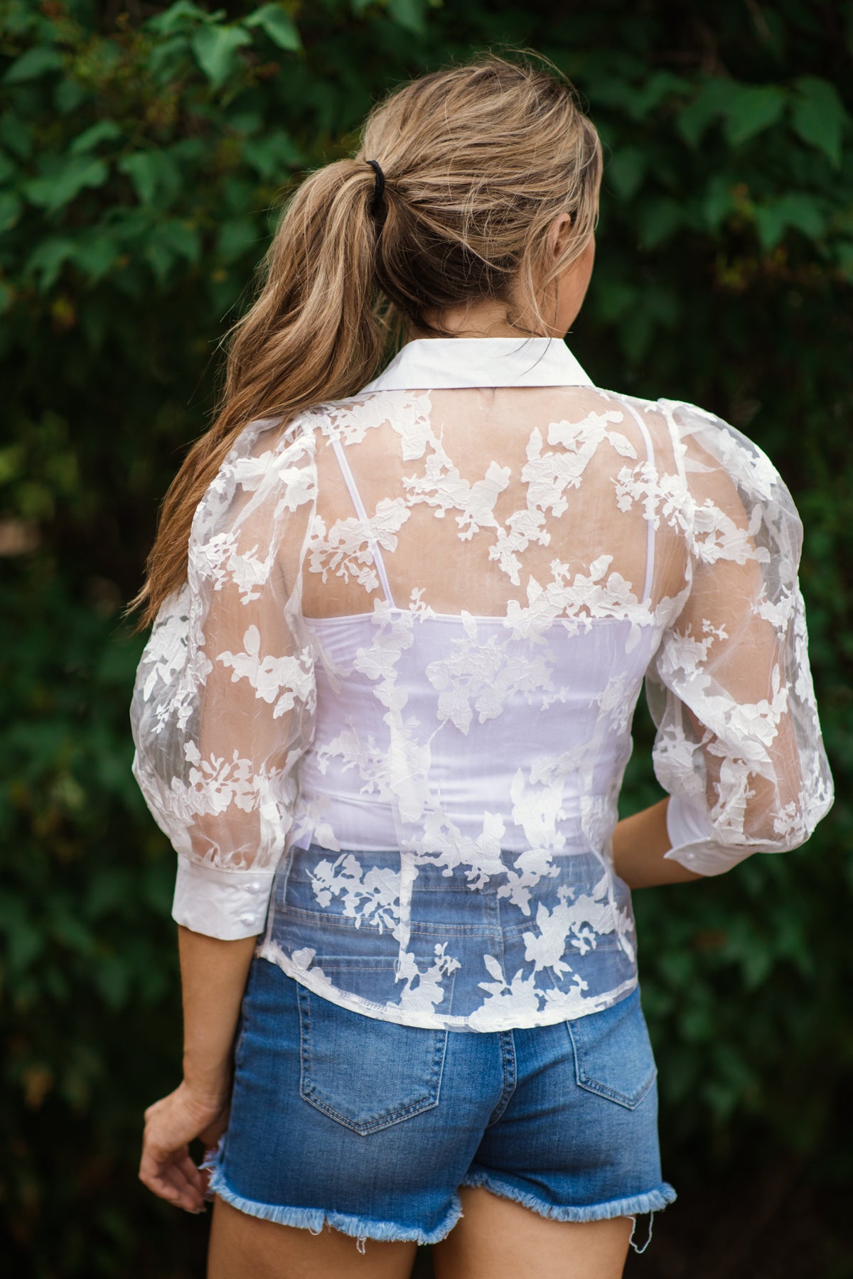 White Floral Lace Applique Puff Sleeve Top - Filly Flair