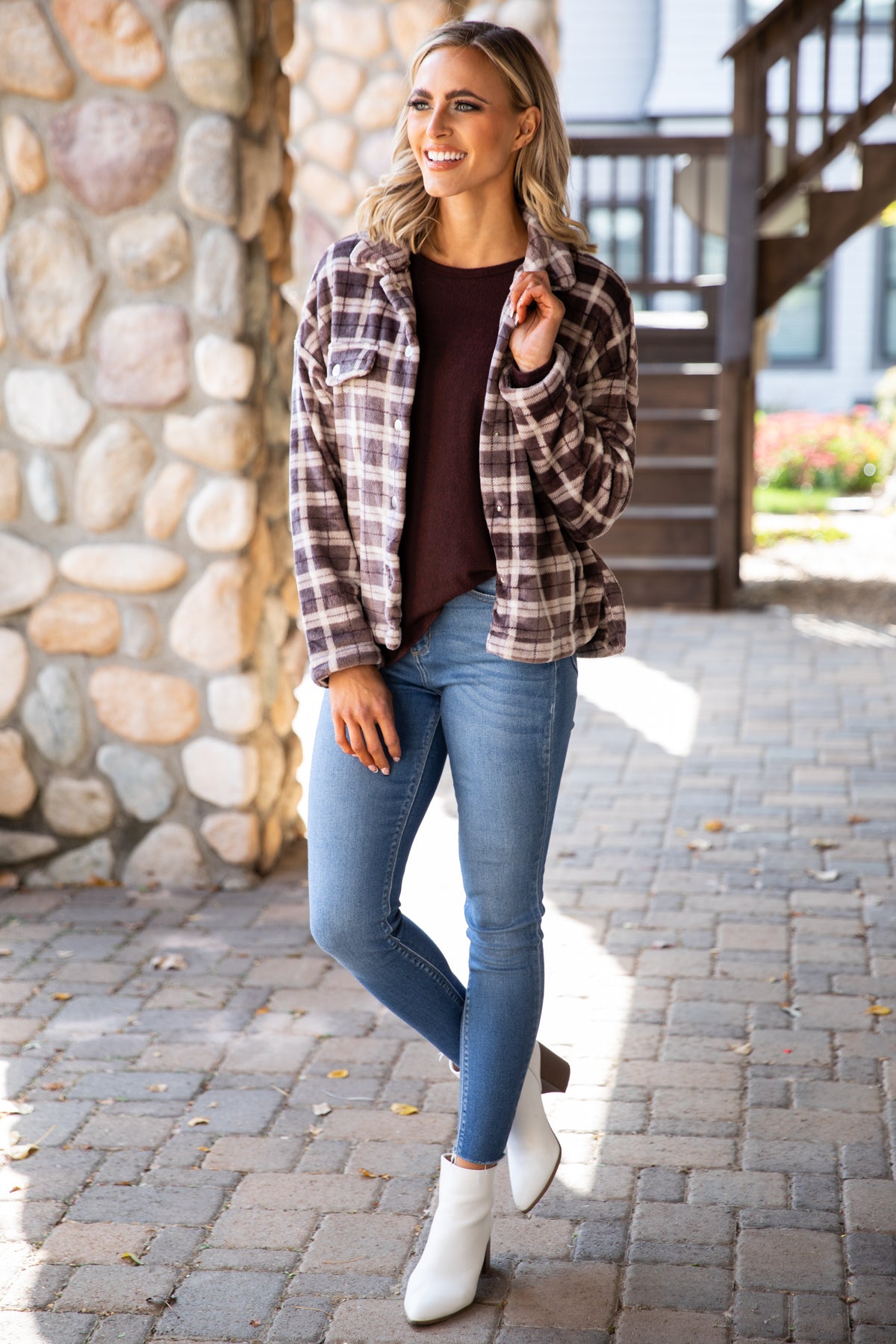 Brown Plaid Fuzzy Plaid Jacket - Filly Flair