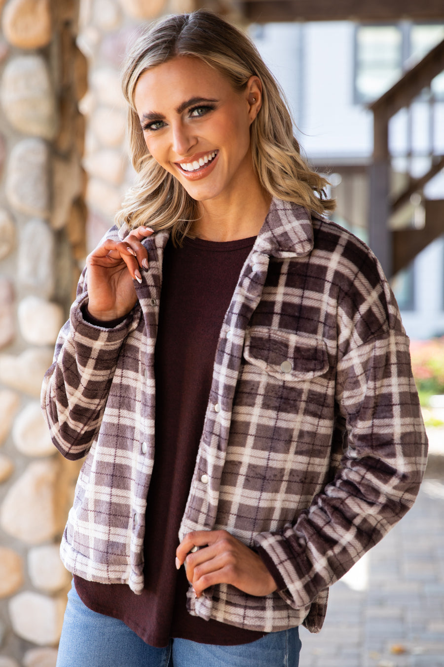 Brown Plaid Fuzzy Plaid Jacket - Filly Flair
