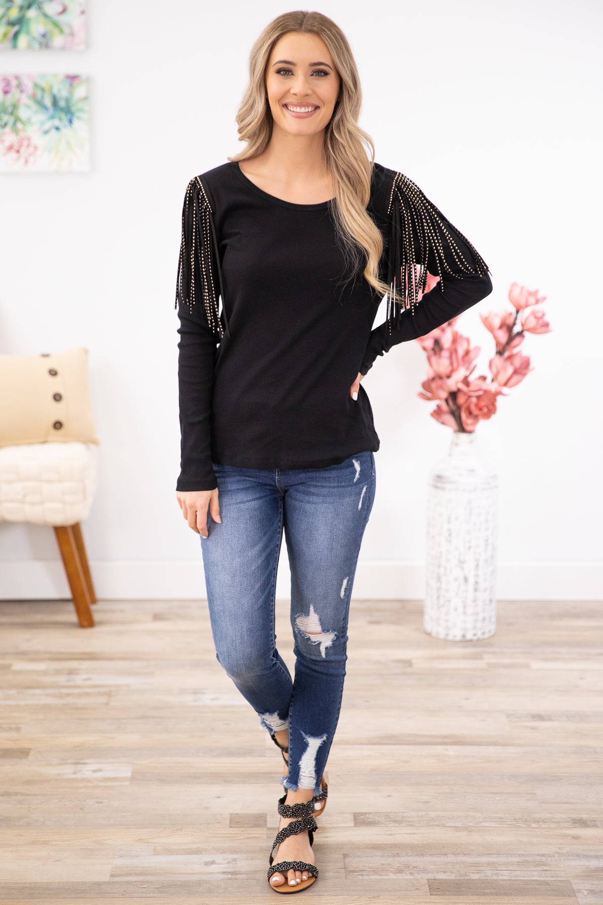 Black Studded Fringe Detail Long Sleeve Top - Filly Flair