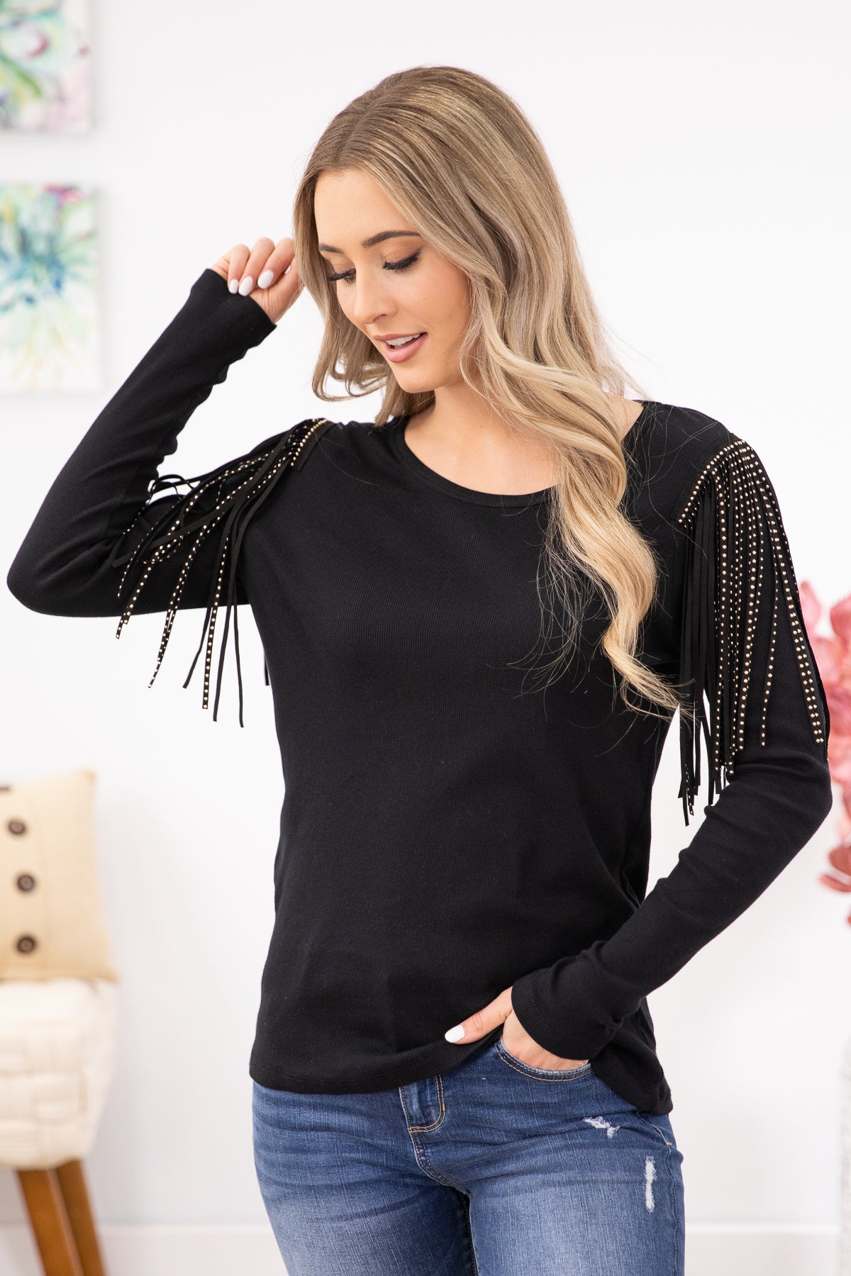 Black Studded Fringe Detail Long Sleeve Top - Filly Flair