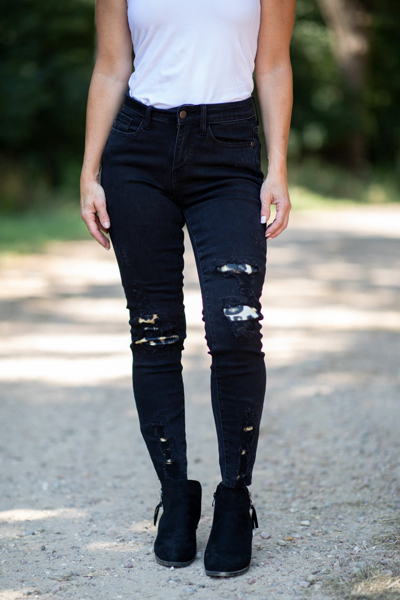 Judy Blue Black Animal Print Patch Jeans - Filly Flair