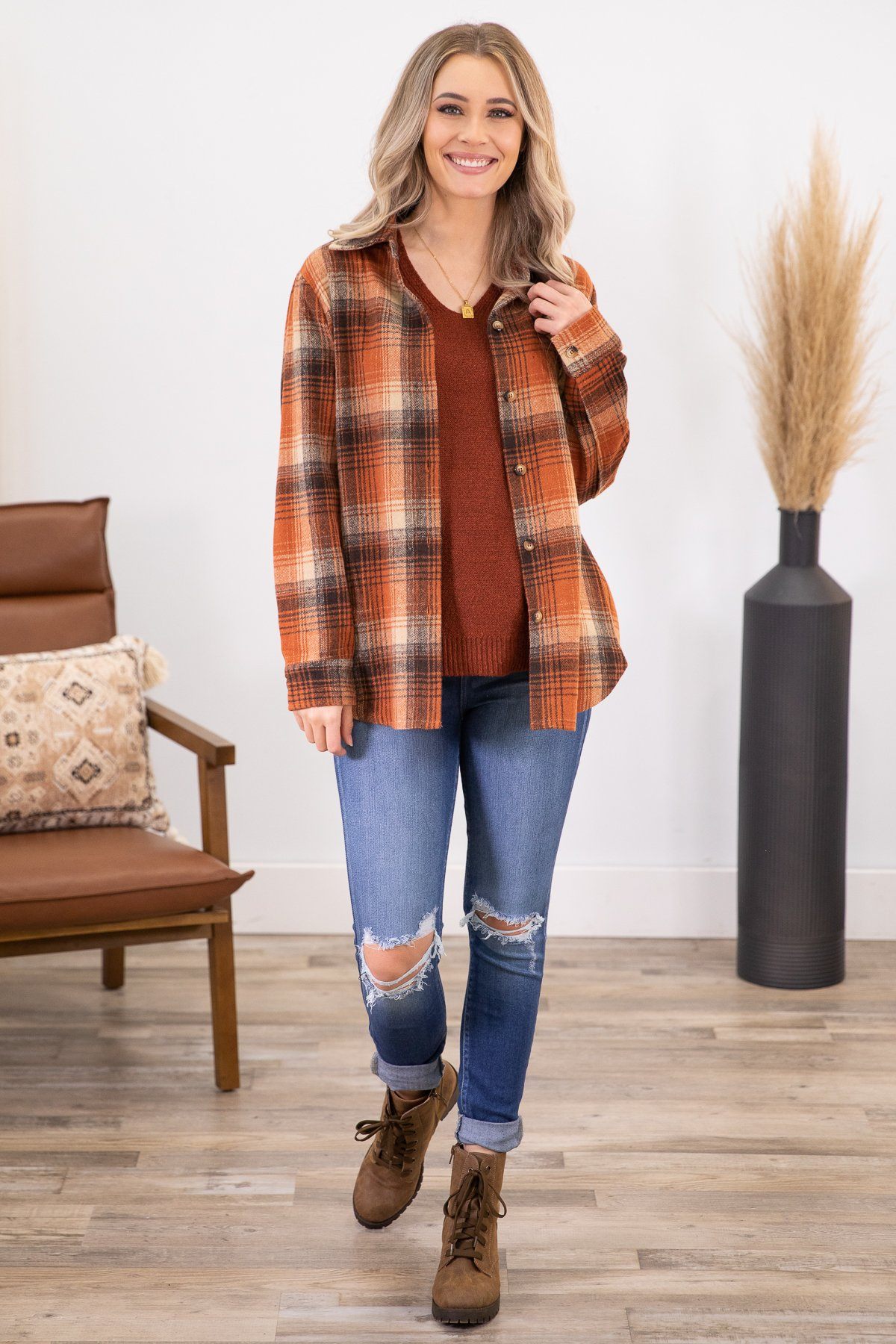 Rust and Brown Plaid Shacket - Filly Flair