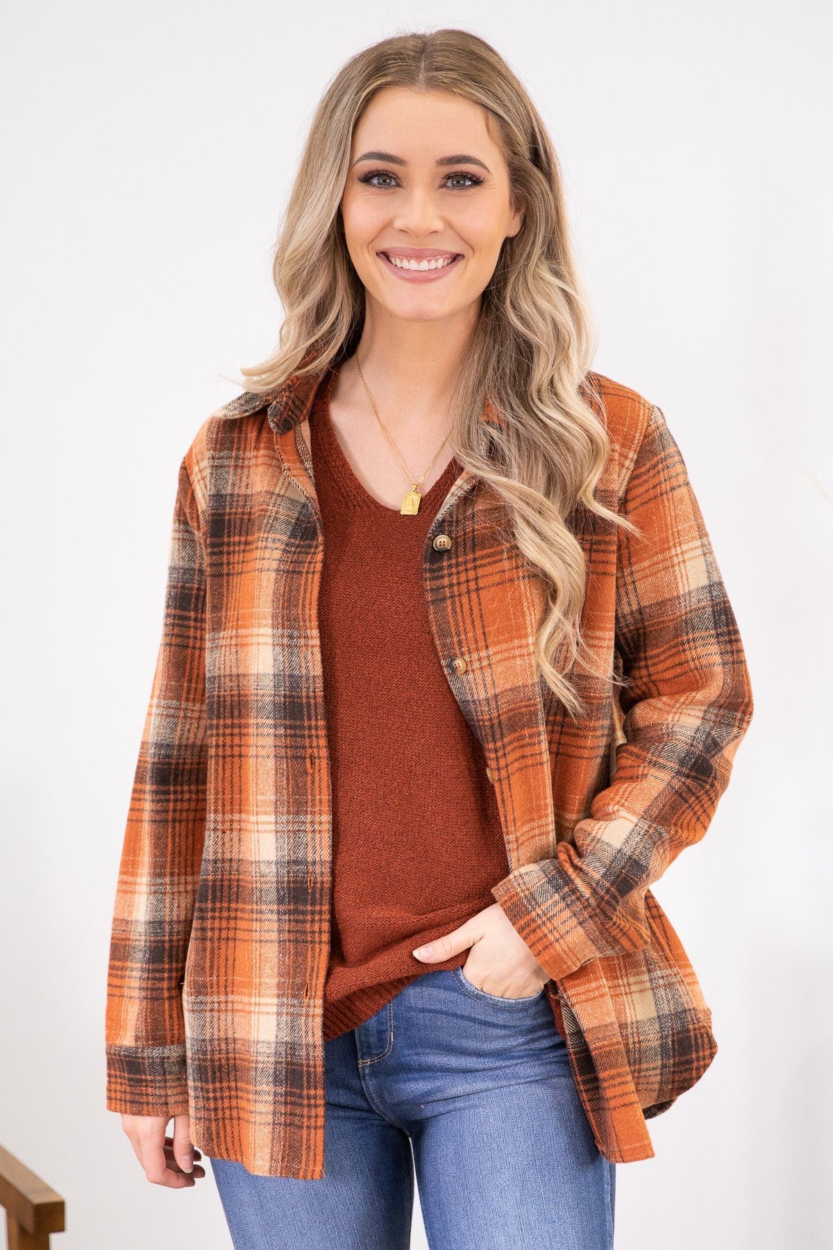 Rust and Brown Plaid Shacket - Filly Flair