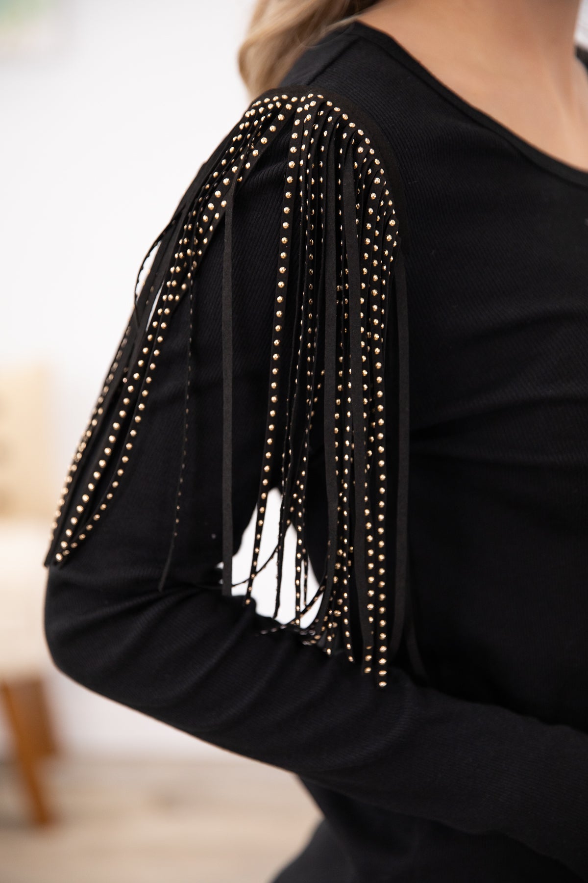 Black Studded Fringe Detail Long Sleeve Top - Filly Flair
