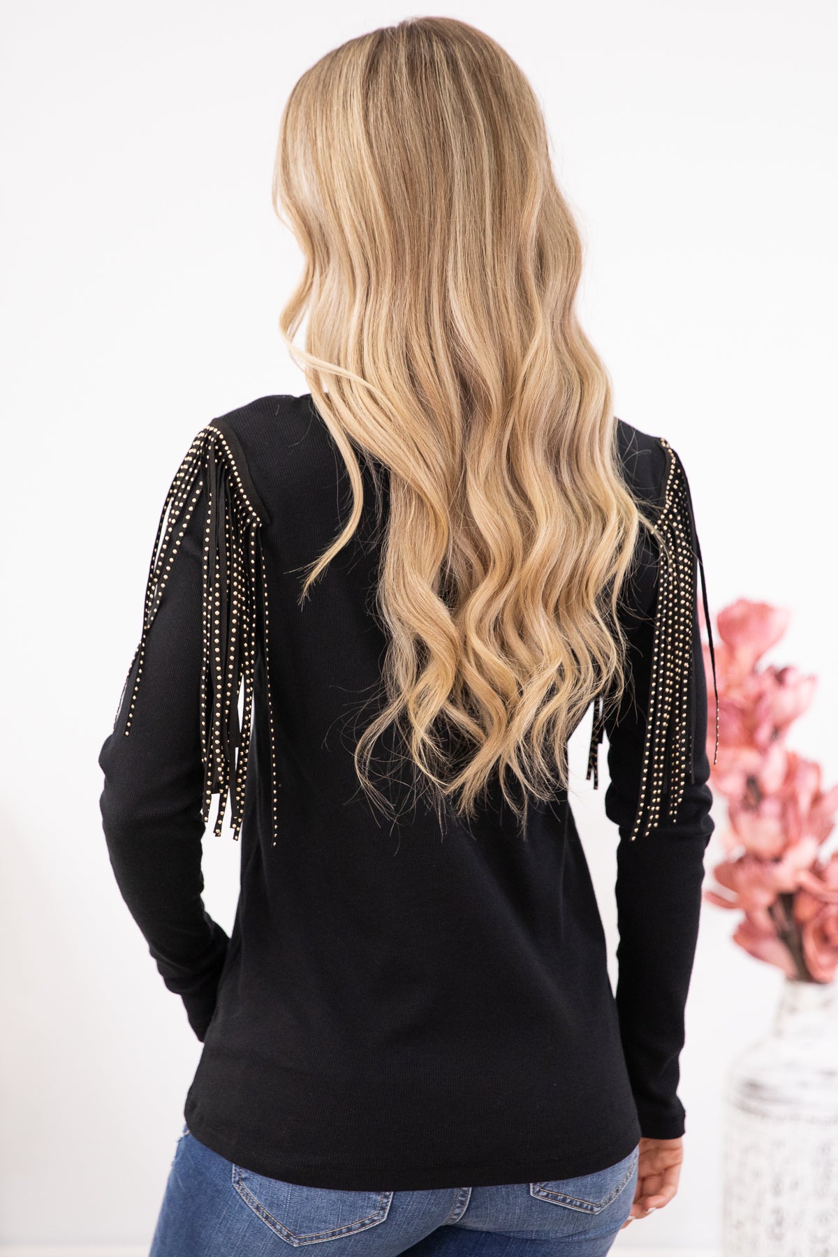 Black Studded Fringe Detail Long Sleeve Top - Filly Flair