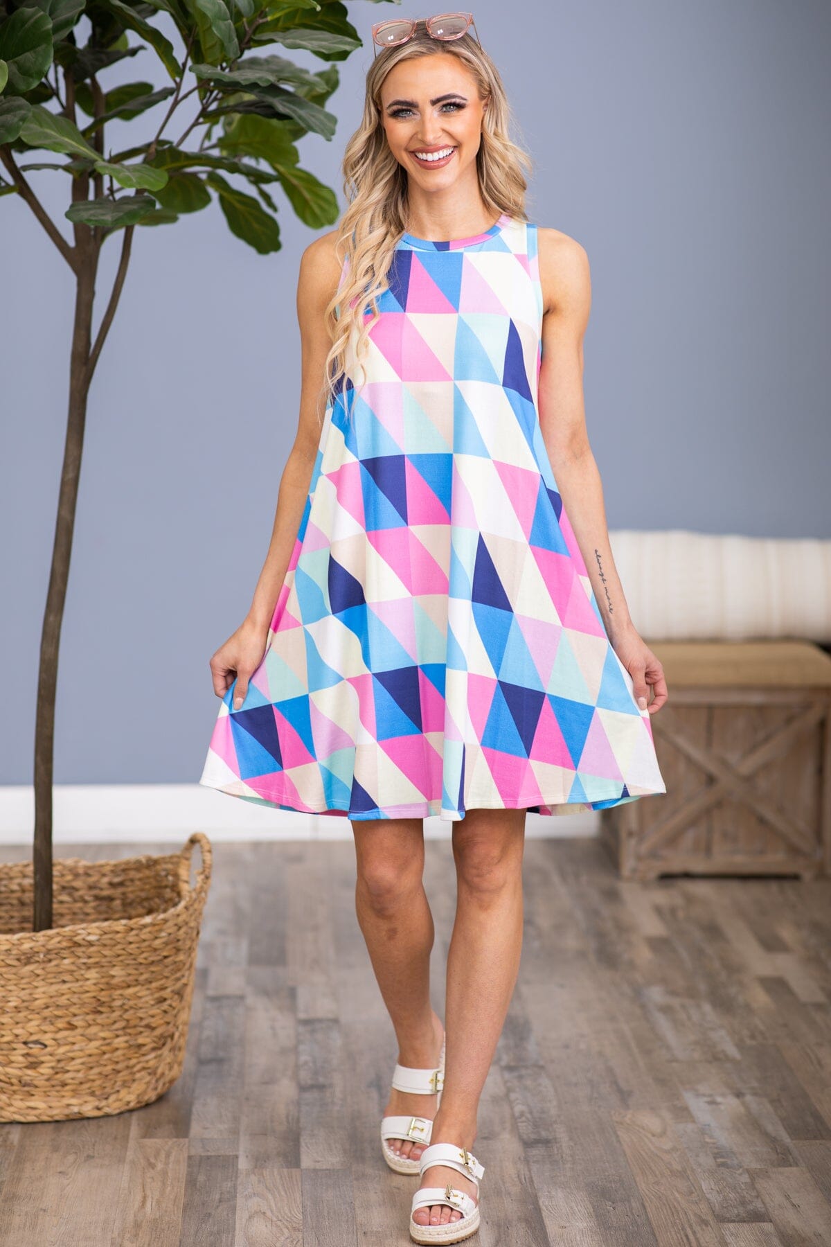 Royal Blue and Pink Multicolor Geometric Dress - Filly Flair