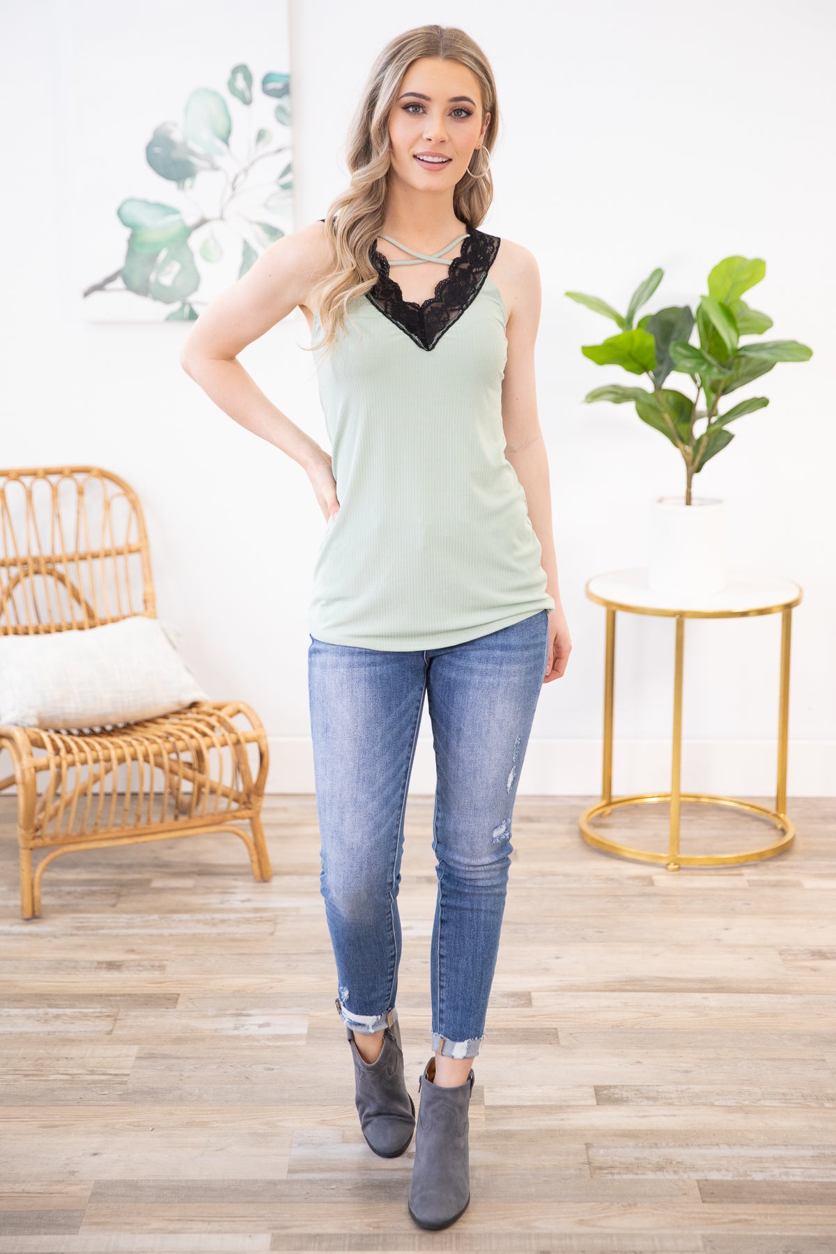 Sage Scalloped Lace Criss Cross Ribbed Tank - Filly Flair