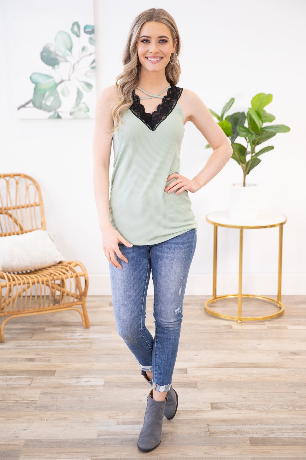 Sage Scalloped Lace Criss Cross Ribbed Tank - Filly Flair