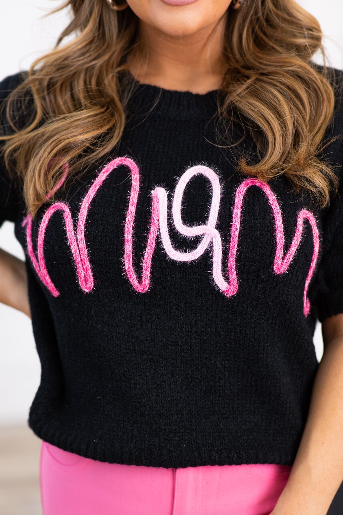 Black Mom Graphic Short Sleeve Sweater - Filly Flair