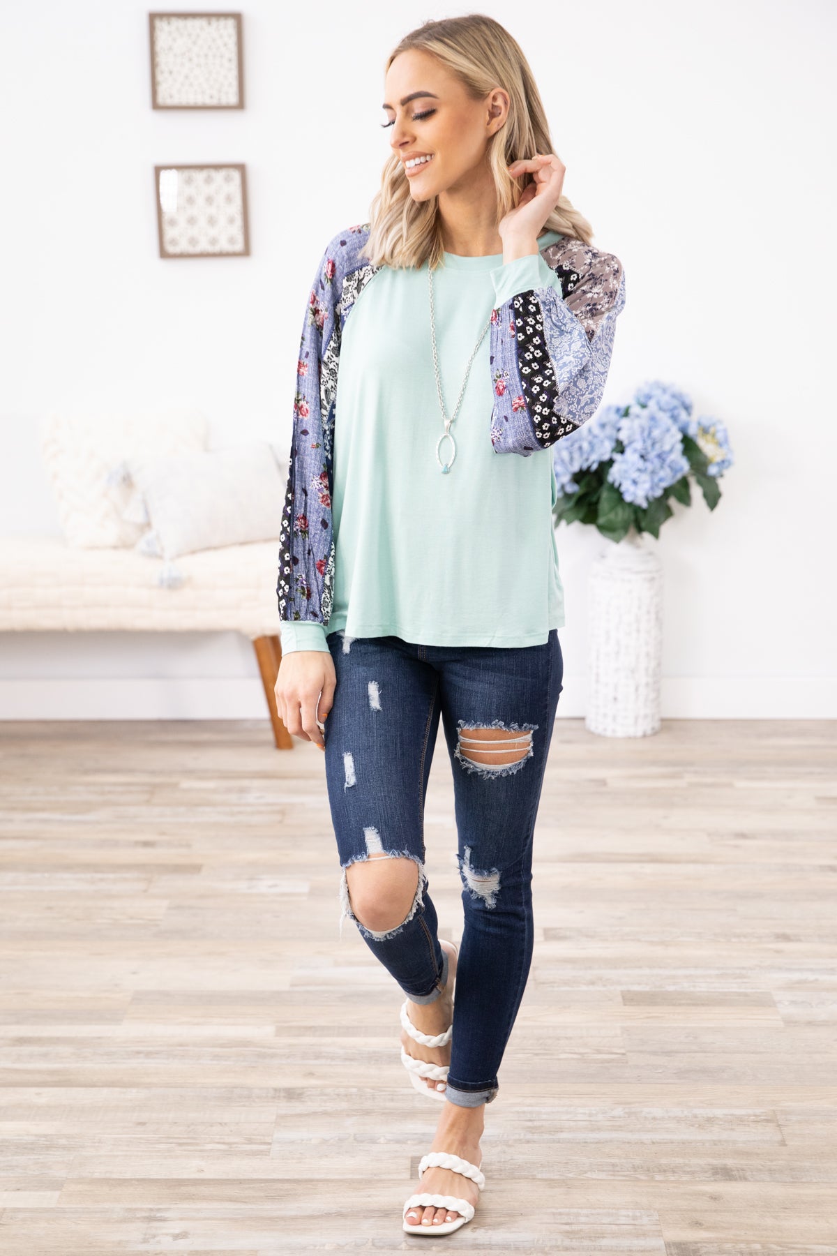 Mint and Blue Multicolor Floral Print Sleeve Top - Filly Flair