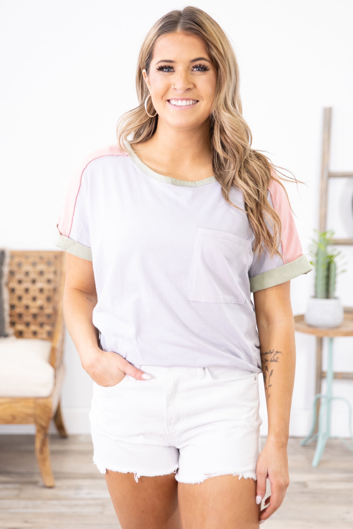 Light Grey and Sage Colorblock Top with Pocket - Filly Flair