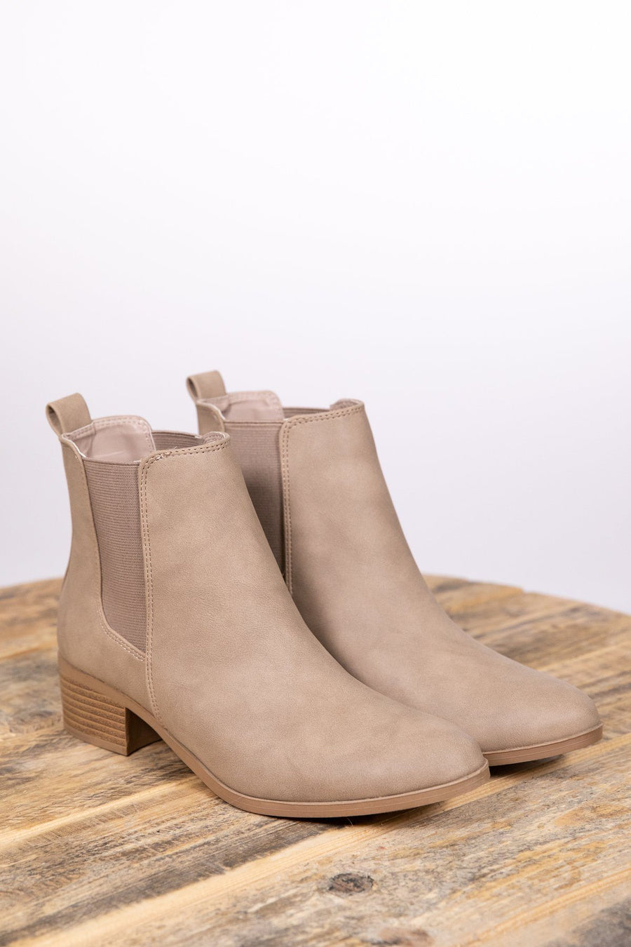 Taupe Elastic Side Pull On Booties - Filly Flair