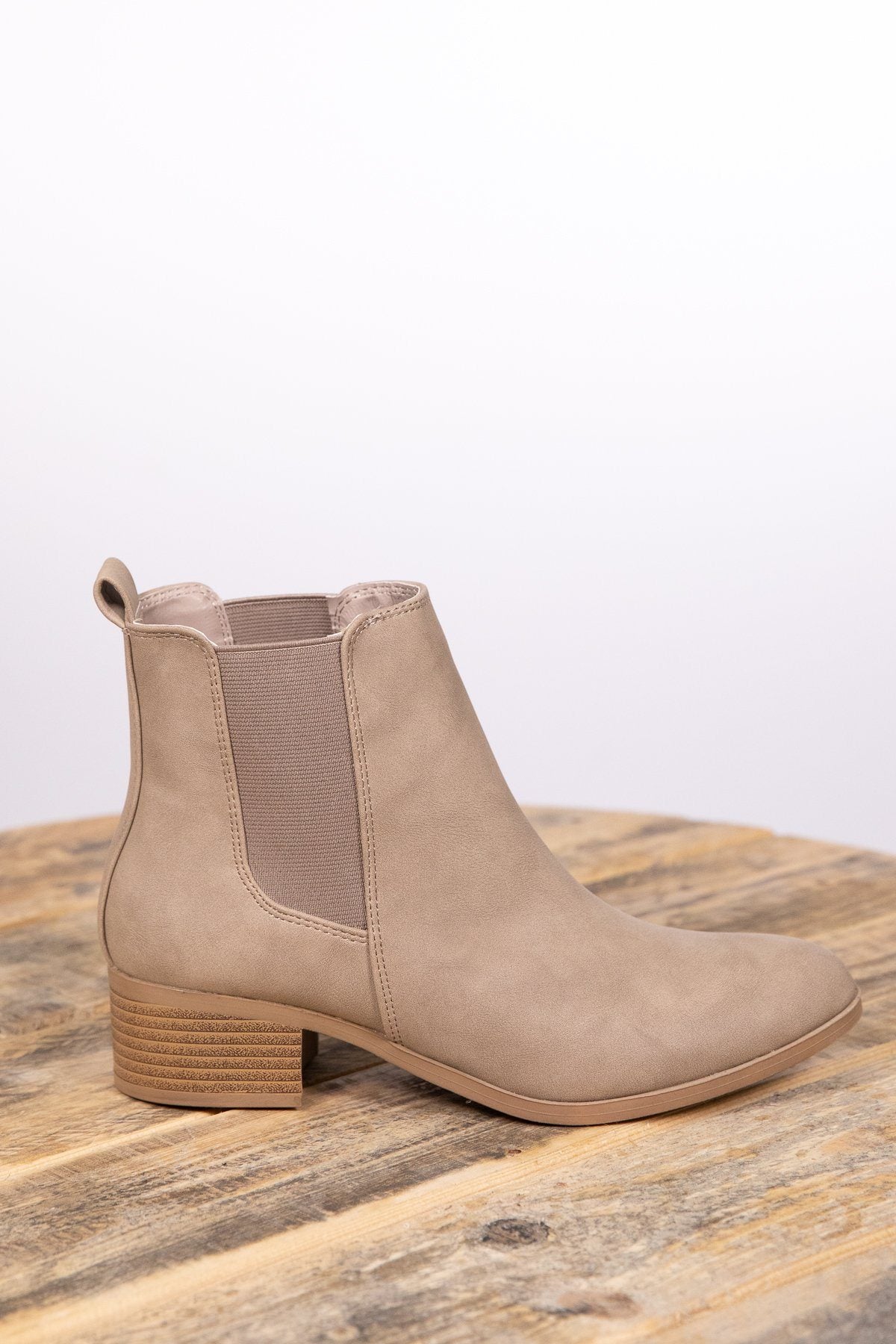 Taupe Elastic Side Pull On Booties - Filly Flair
