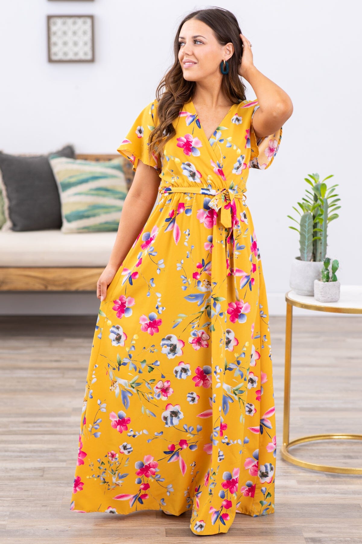 Mustard Multicolor Floral Print Maxi Dress - Filly Flair