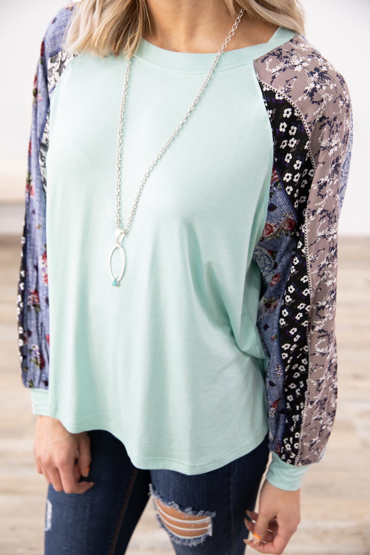 Mint and Blue Multicolor Floral Print Sleeve Top - Filly Flair