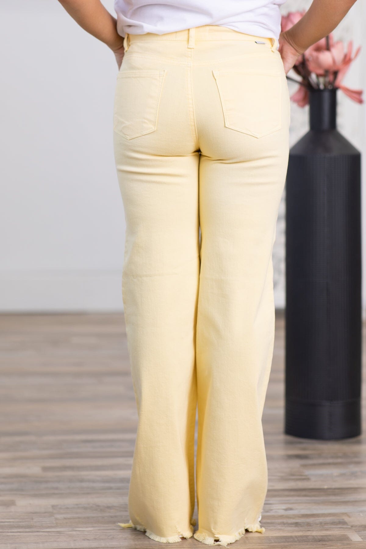 Risen Pastel Yellow Wide Leg Fray Hem Jeans - Filly Flair