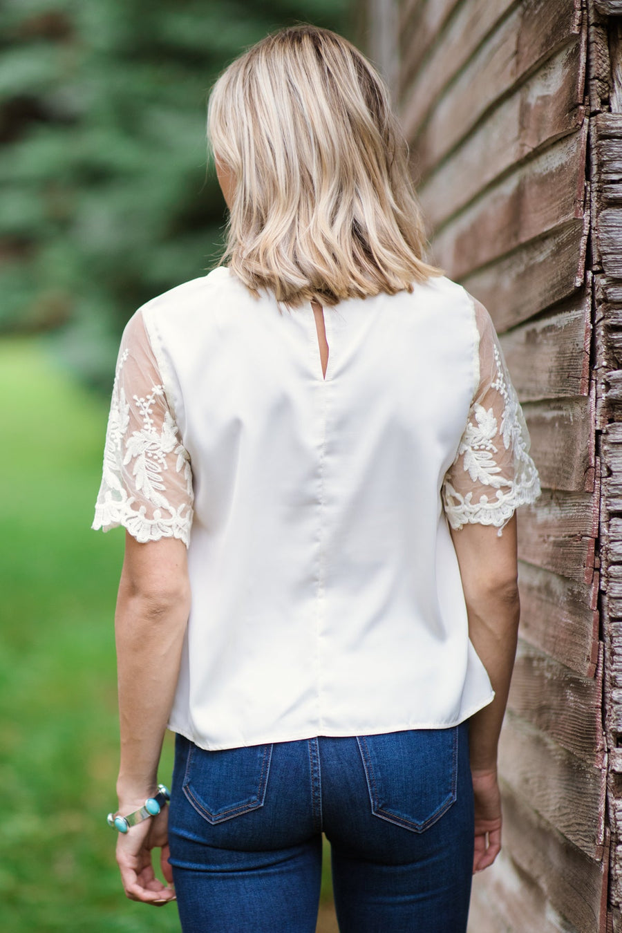 Ivory Mesh Lace Sleeve Top - Filly Flair