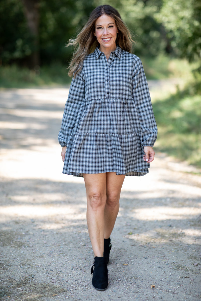 Black and Grey Gingham Long Sleeve Dress - Filly Flair