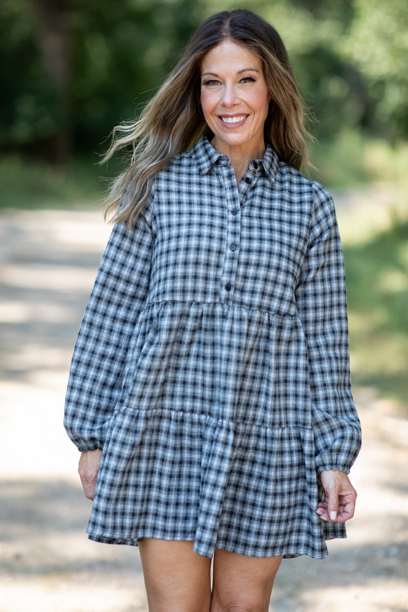 Black and Grey Gingham Long Sleeve Dress - Filly Flair