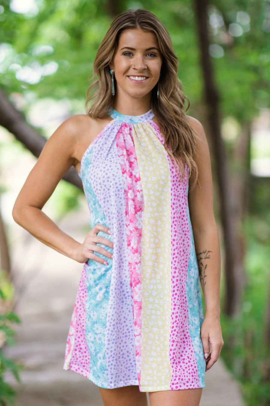 Pink and Aqua Floral Colorblock Halter Dress - Filly Flair