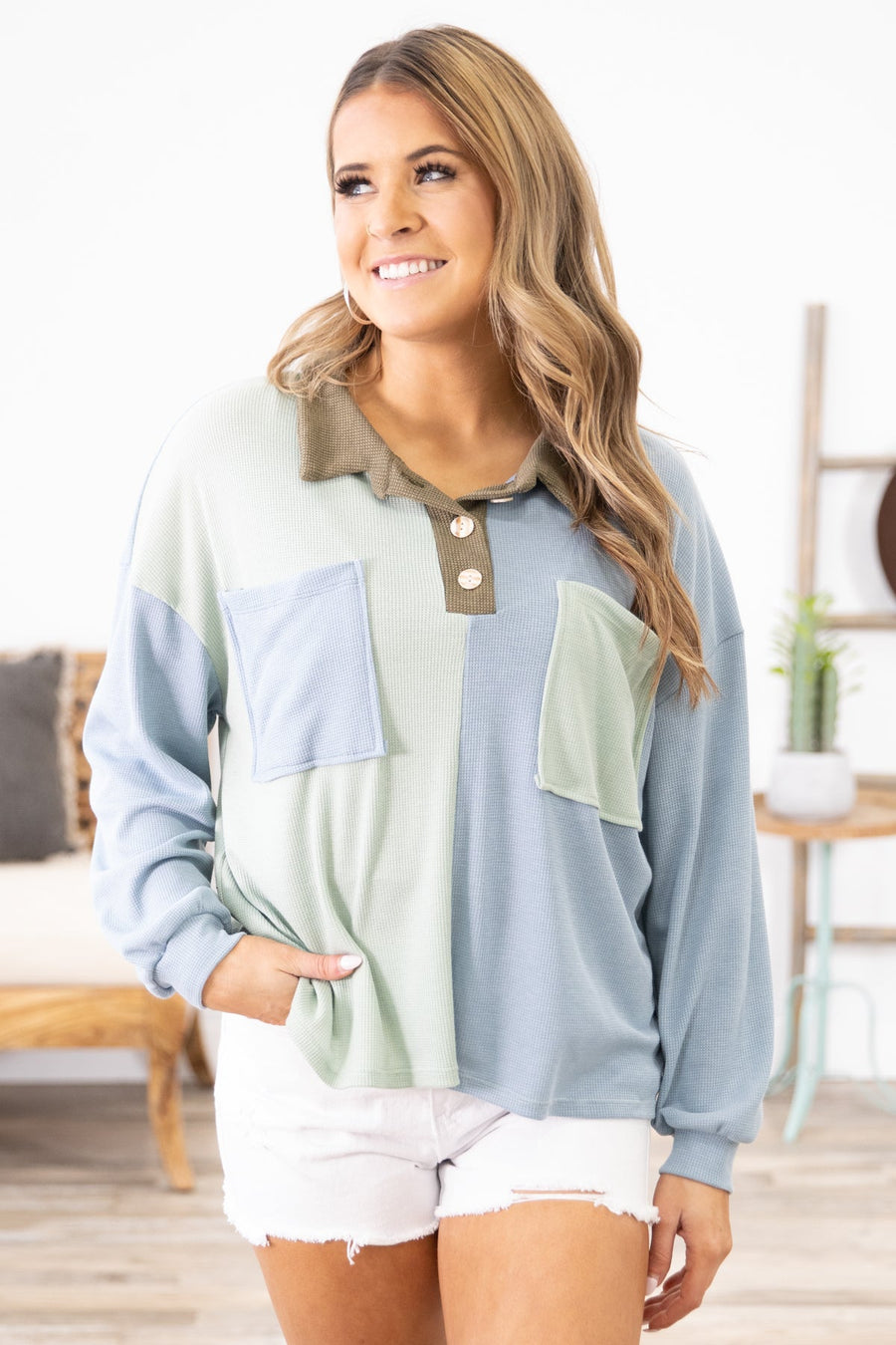 Baby Blue and Mint Colorblock Collared Top - Filly Flair