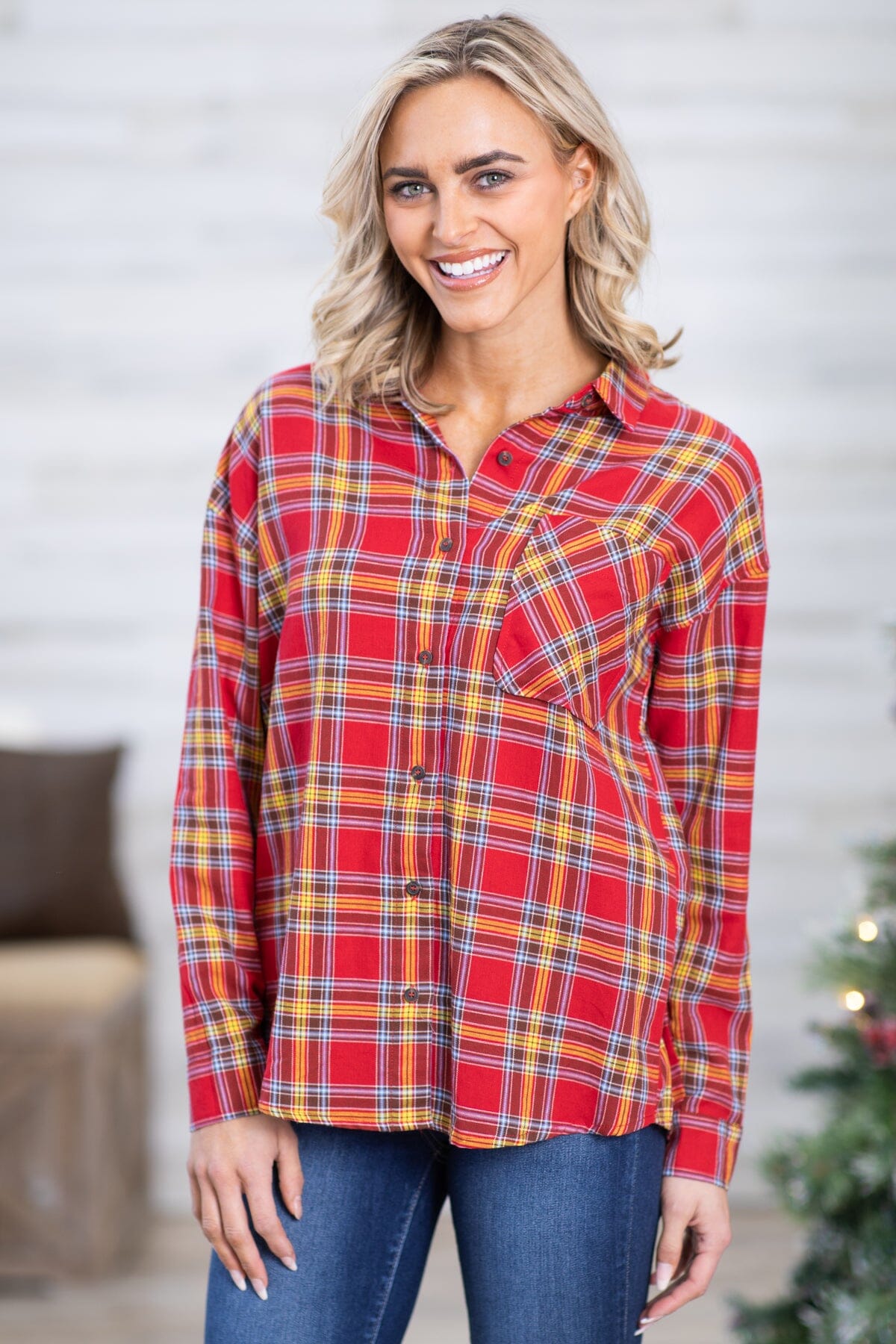 Red and Yellow Plaid Button Up Top - Filly Flair