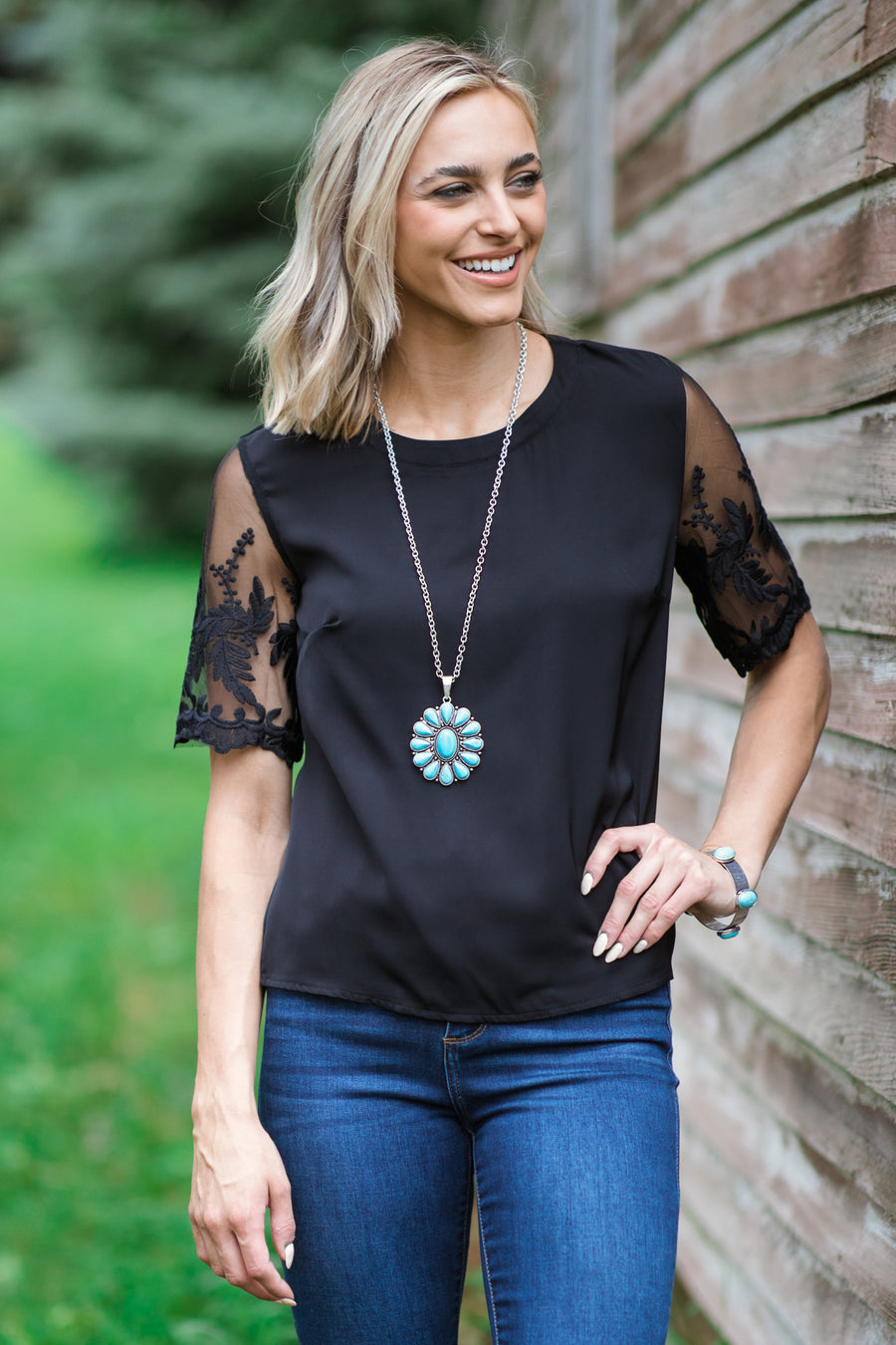 Black Mesh Lace Sleeve Top - Filly Flair