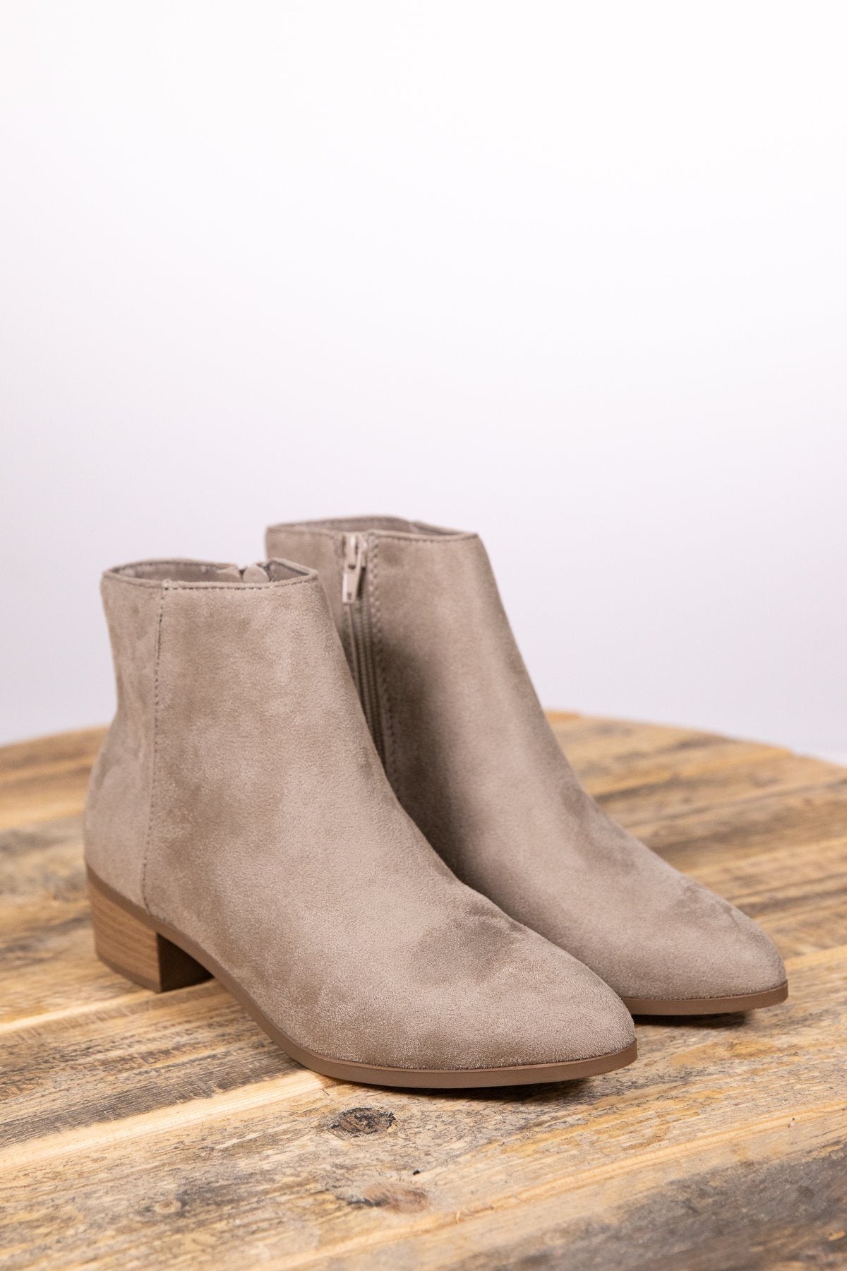 Oatmeal Faux Suede Point Toed Bootie - Filly Flair