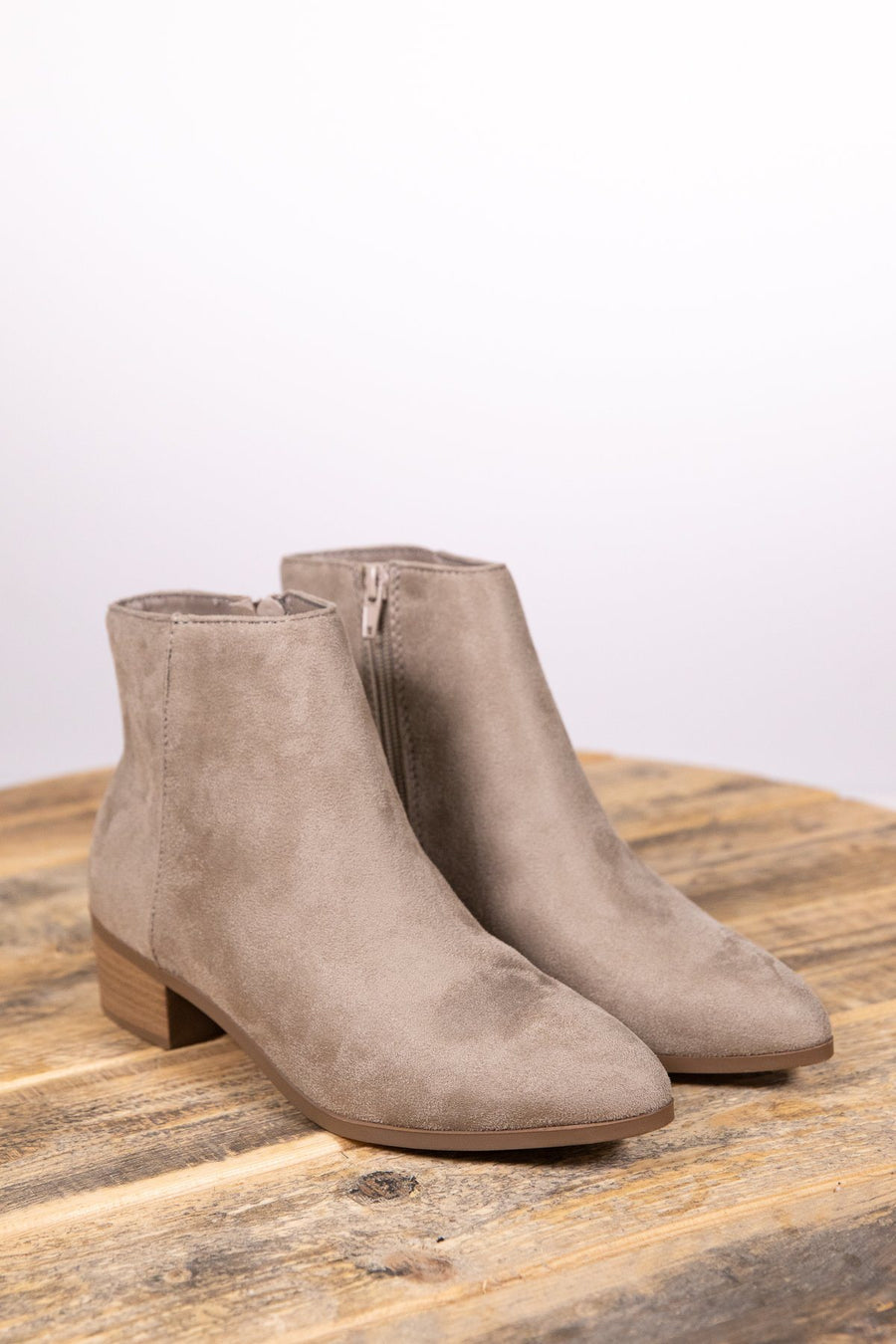 Oatmeal Faux Suede Point Toed Bootie - Filly Flair