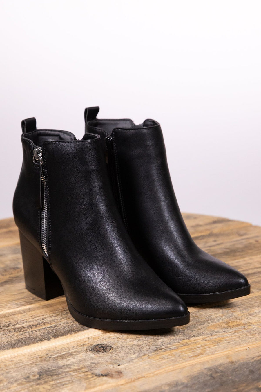 Black Faux Leather Side Zip Tall Bootie - Filly Flair