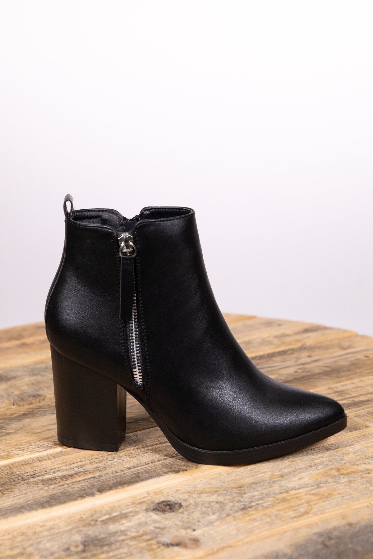 Black Faux Leather Side Zip Tall Bootie - Filly Flair
