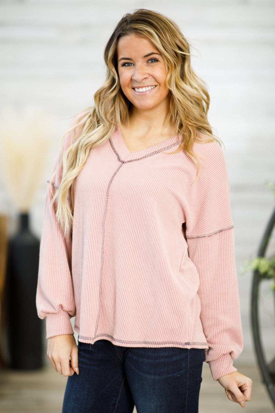 Dusty Rose V-Neck Rib Knit Drop Shoulder Top - Filly Flair