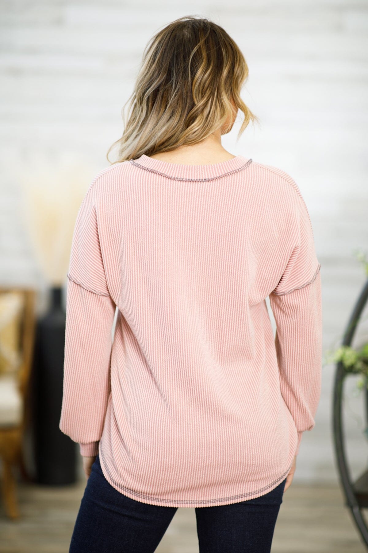 Dusty Rose V-Neck Rib Knit Drop Shoulder Top - Filly Flair